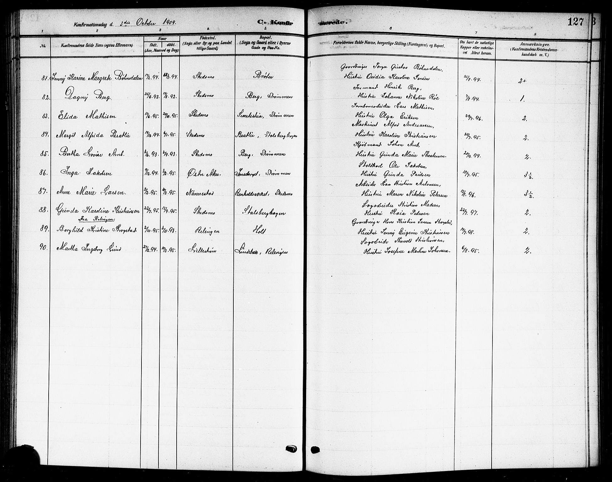 Skedsmo prestekontor Kirkebøker, SAO/A-10033a/G/Gc/L0001: Parish register (copy) no. III 1, 1908-1916, p. 127