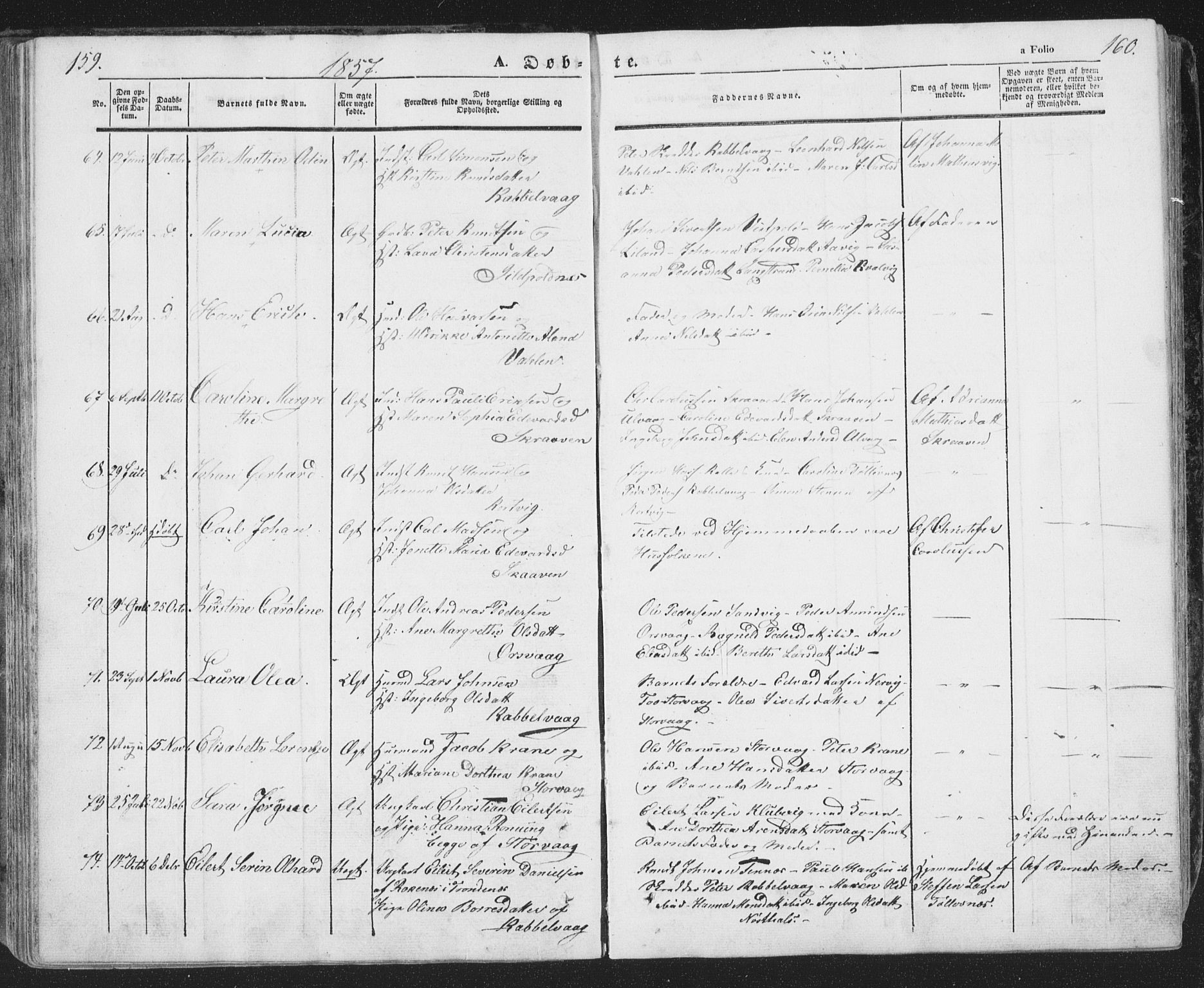 Ministerialprotokoller, klokkerbøker og fødselsregistre - Nordland, AV/SAT-A-1459/874/L1072: Parish register (copy) no. 874C01, 1843-1859, p. 159-160