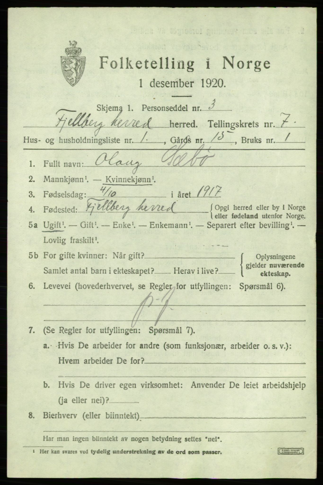 SAB, 1920 census for Fjelberg, 1920, p. 2743