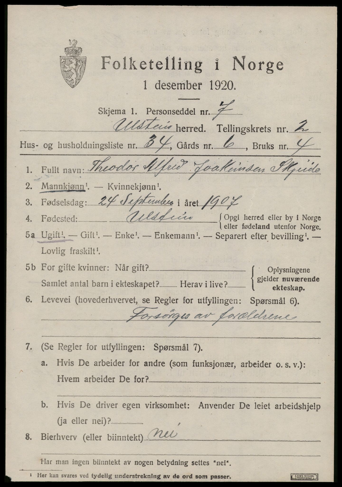 SAT, 1920 census for Ulstein, 1920, p. 1620