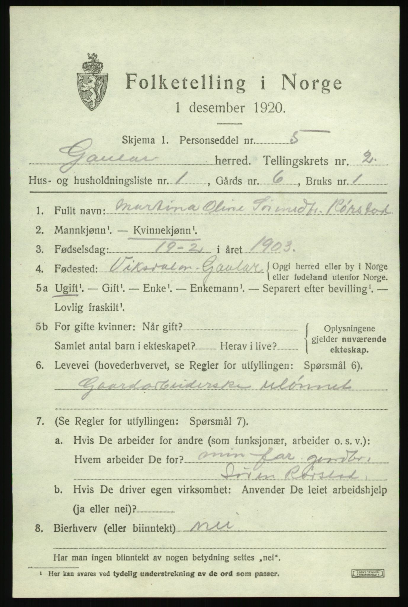 SAB, 1920 census for Gaular, 1920, p. 1558