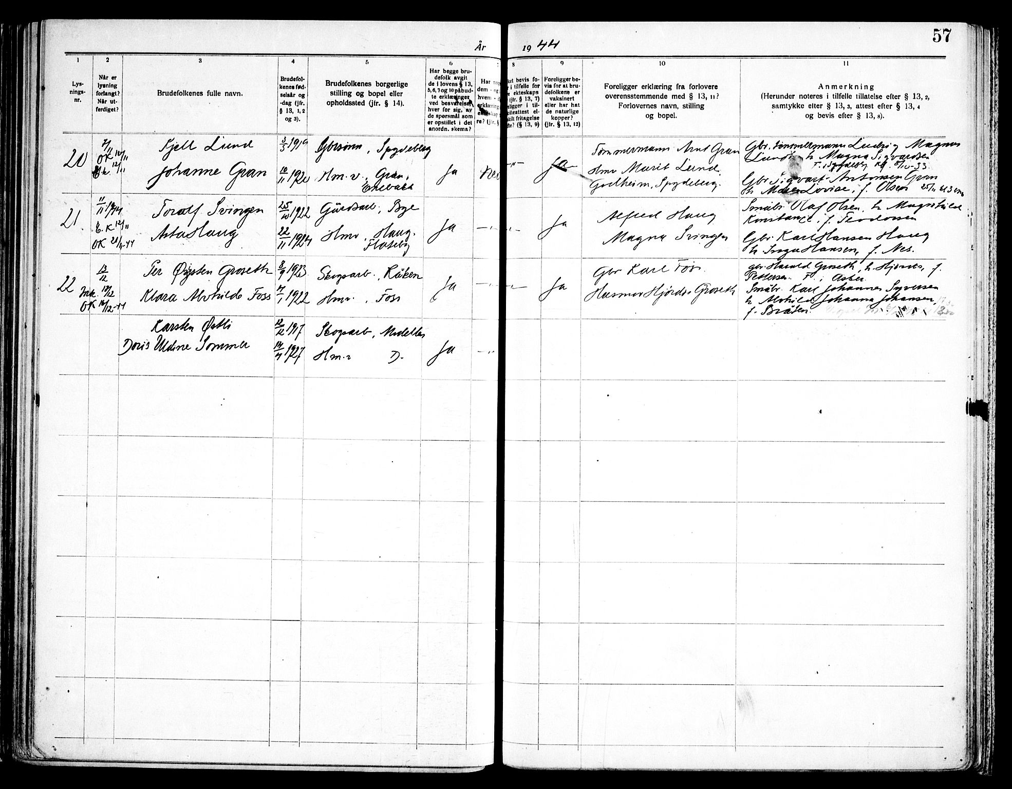 Enebakk prestekontor Kirkebøker, SAO/A-10171c/H/Ha/L0001: Banns register no. 1, 1919-1958, p. 57