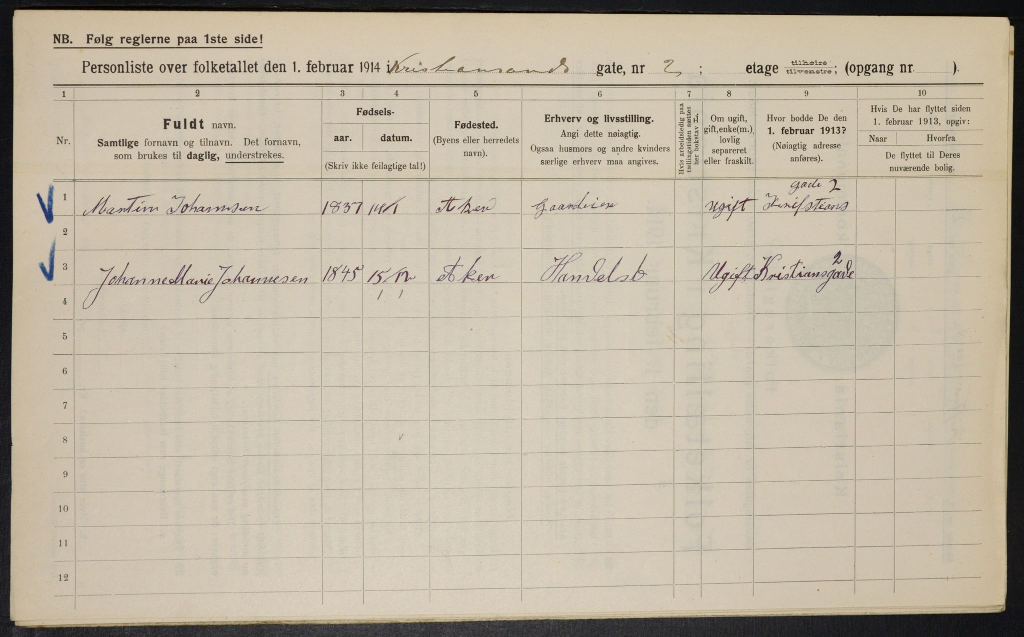 OBA, Municipal Census 1914 for Kristiania, 1914, p. 54164