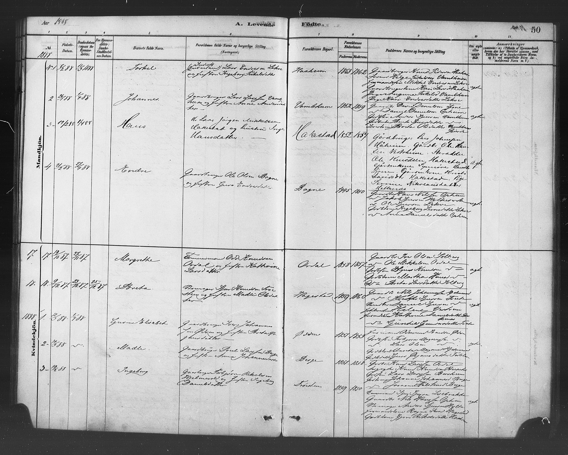 Ulvik sokneprestembete, SAB/A-78801/H/Haa: Parish register (official) no. B 1, 1878-1897, p. 50