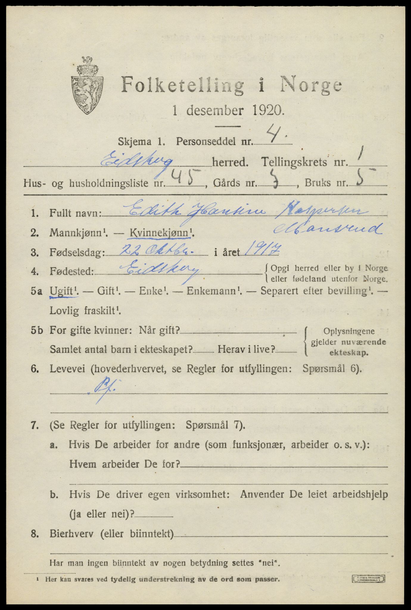 SAH, 1920 census for Eidskog, 1920, p. 2945