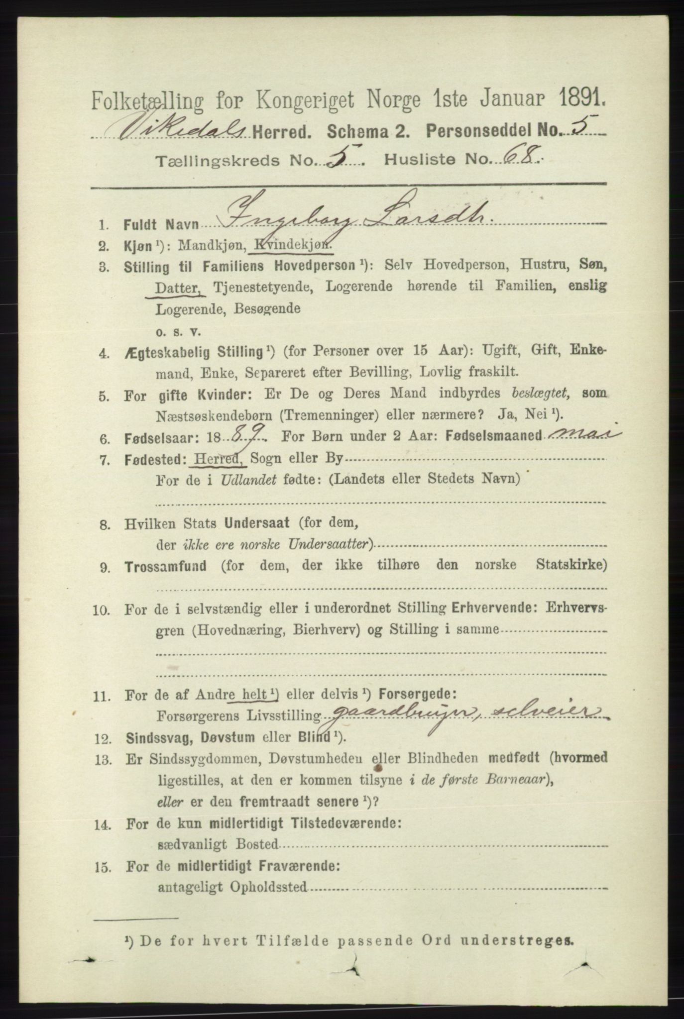 RA, 1891 census for 1157 Vikedal, 1891, p. 1475