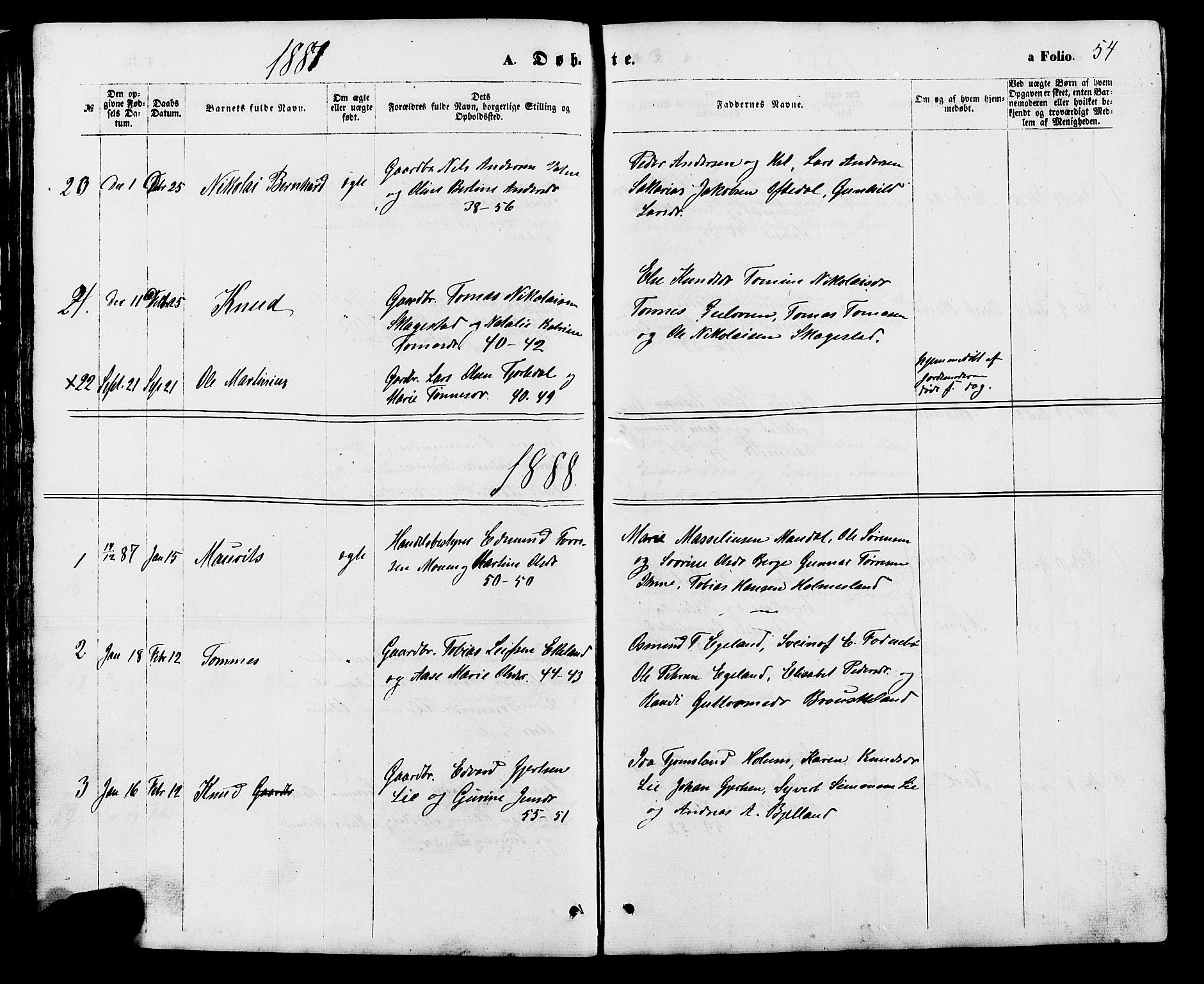 Holum sokneprestkontor, SAK/1111-0022/F/Fb/Fba/L0004: Parish register (copy) no. B 4, 1867-1890, p. 54