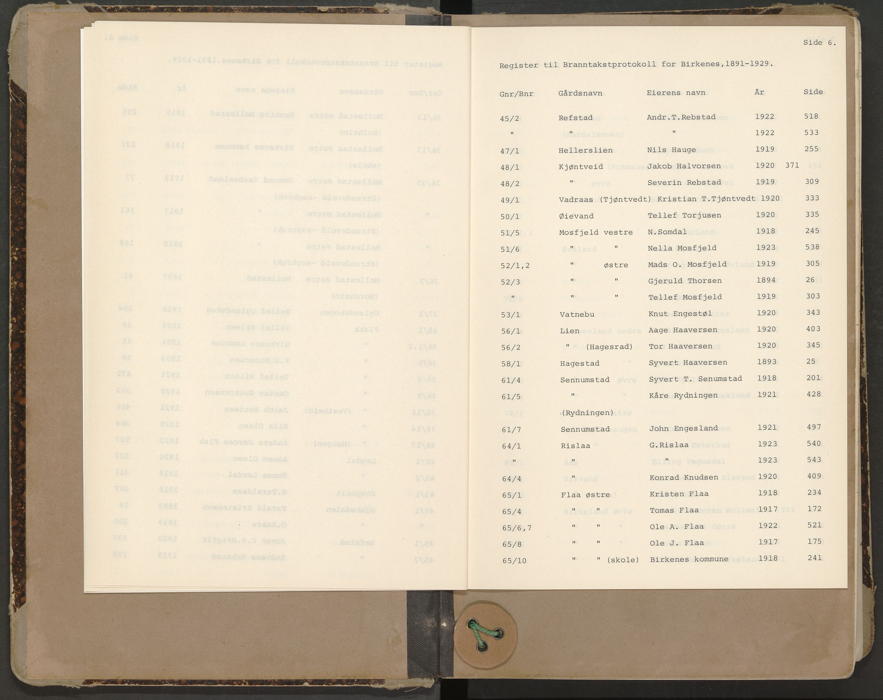 Norges Brannkasse Birkenes, AV/SAK-2241-0005/F/Fa/L0002: Branntakstprotokoll nr. 2 med gårdsnavnregister, 1891-1929