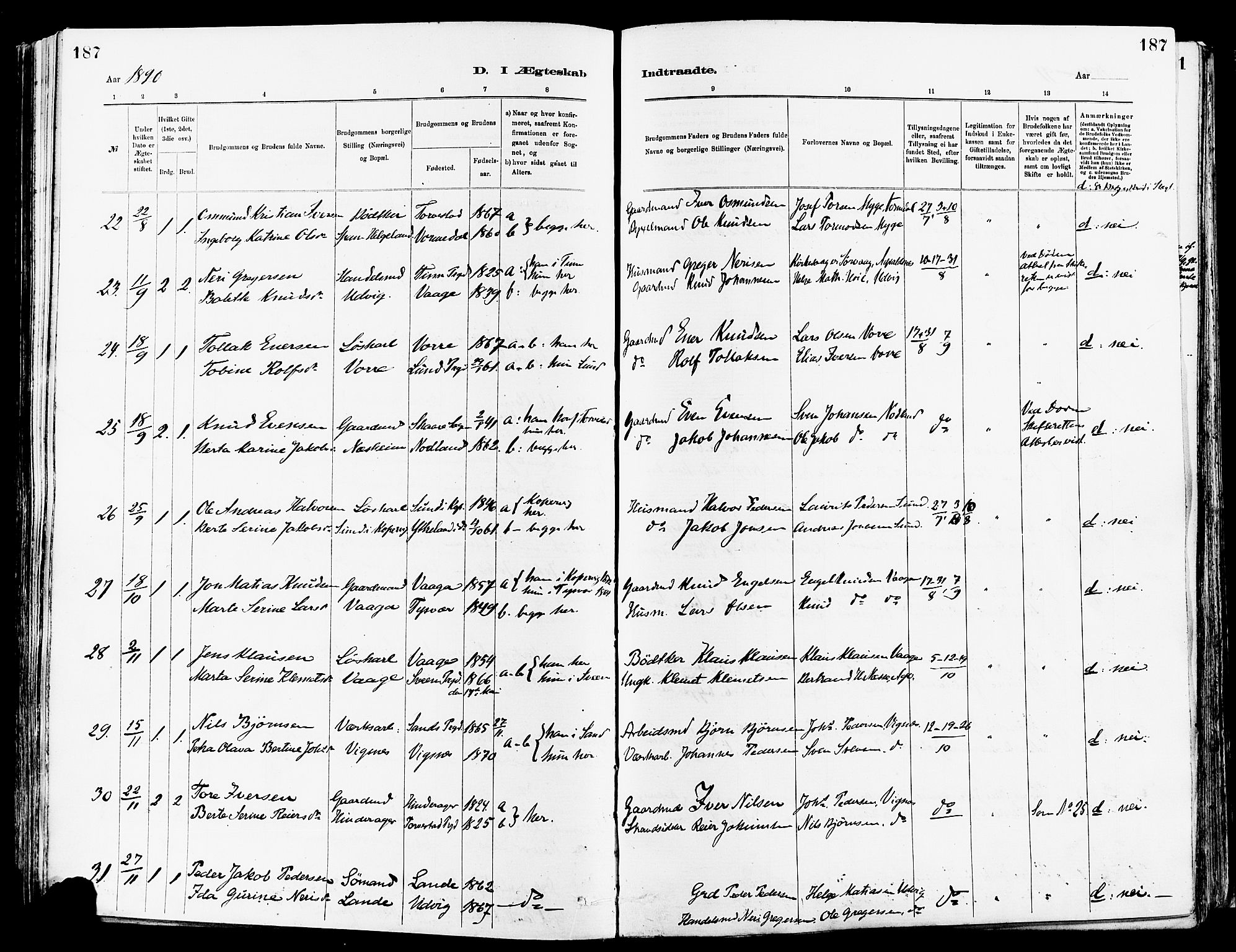 Avaldsnes sokneprestkontor, AV/SAST-A -101851/H/Ha/Haa/L0015: Parish register (official) no. A 15, 1880-1906, p. 187