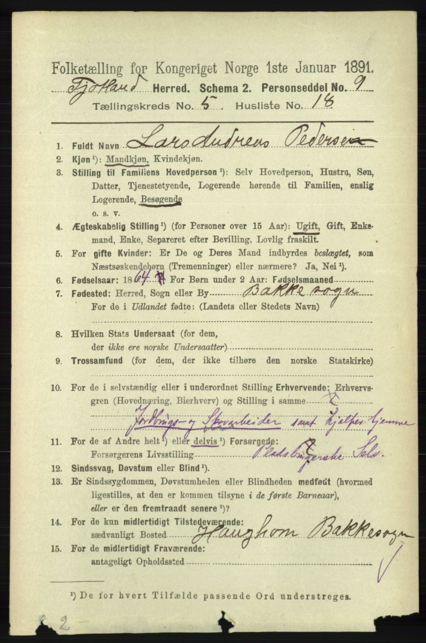 RA, 1891 census for 1036 Fjotland, 1891, p. 834