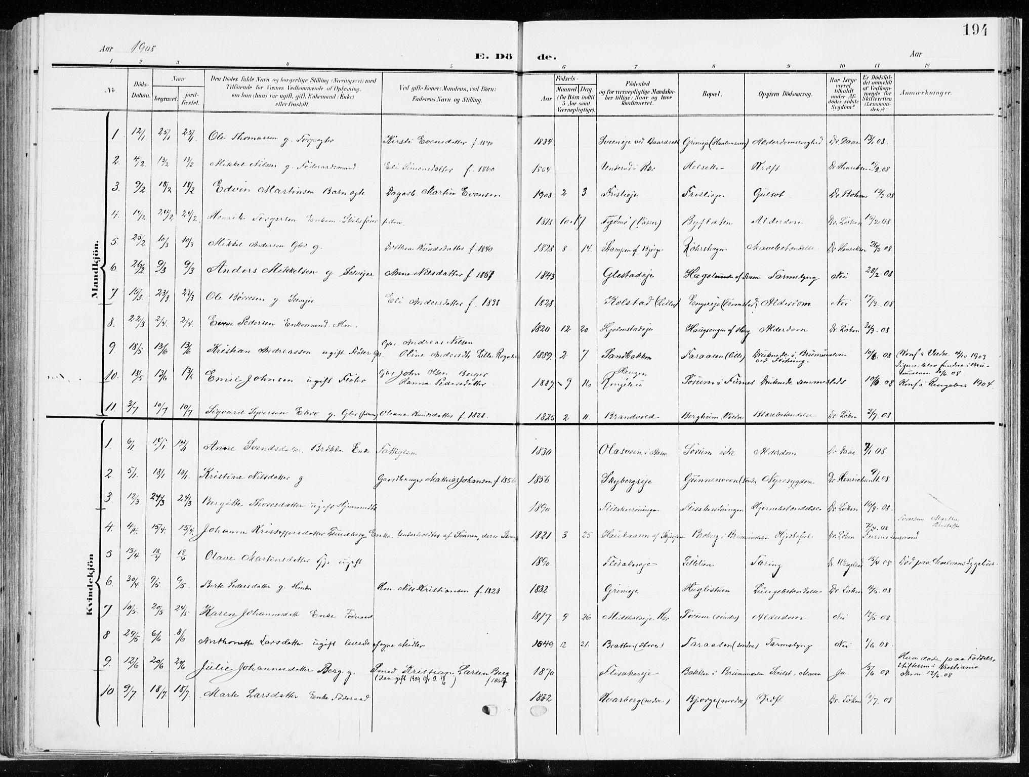 Ringsaker prestekontor, AV/SAH-PREST-014/K/Ka/L0019: Parish register (official) no. 19, 1905-1920, p. 194