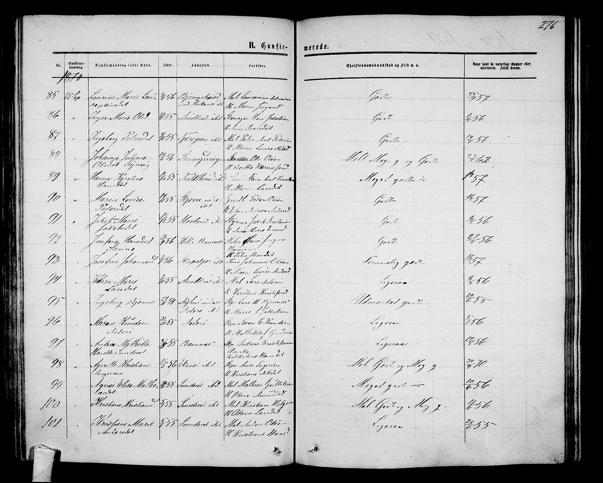 Nøtterøy kirkebøker, AV/SAKO-A-354/G/Ga/L0002: Parish register (copy) no. I 2, 1860-1877, p. 276