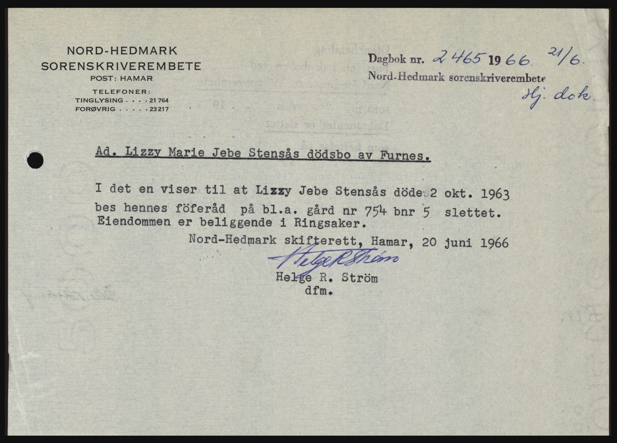 Nord-Hedmark sorenskriveri, SAH/TING-012/H/Hc/L0024: Mortgage book no. 24, 1966-1966, Diary no: : 2465/1966