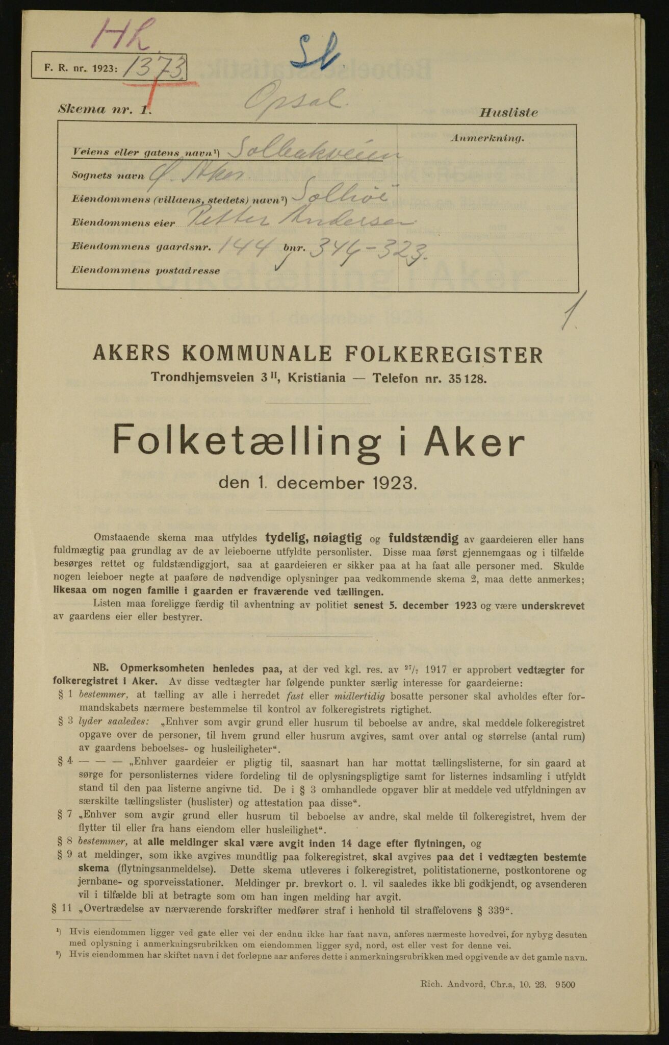 , Municipal Census 1923 for Aker, 1923, p. 31090