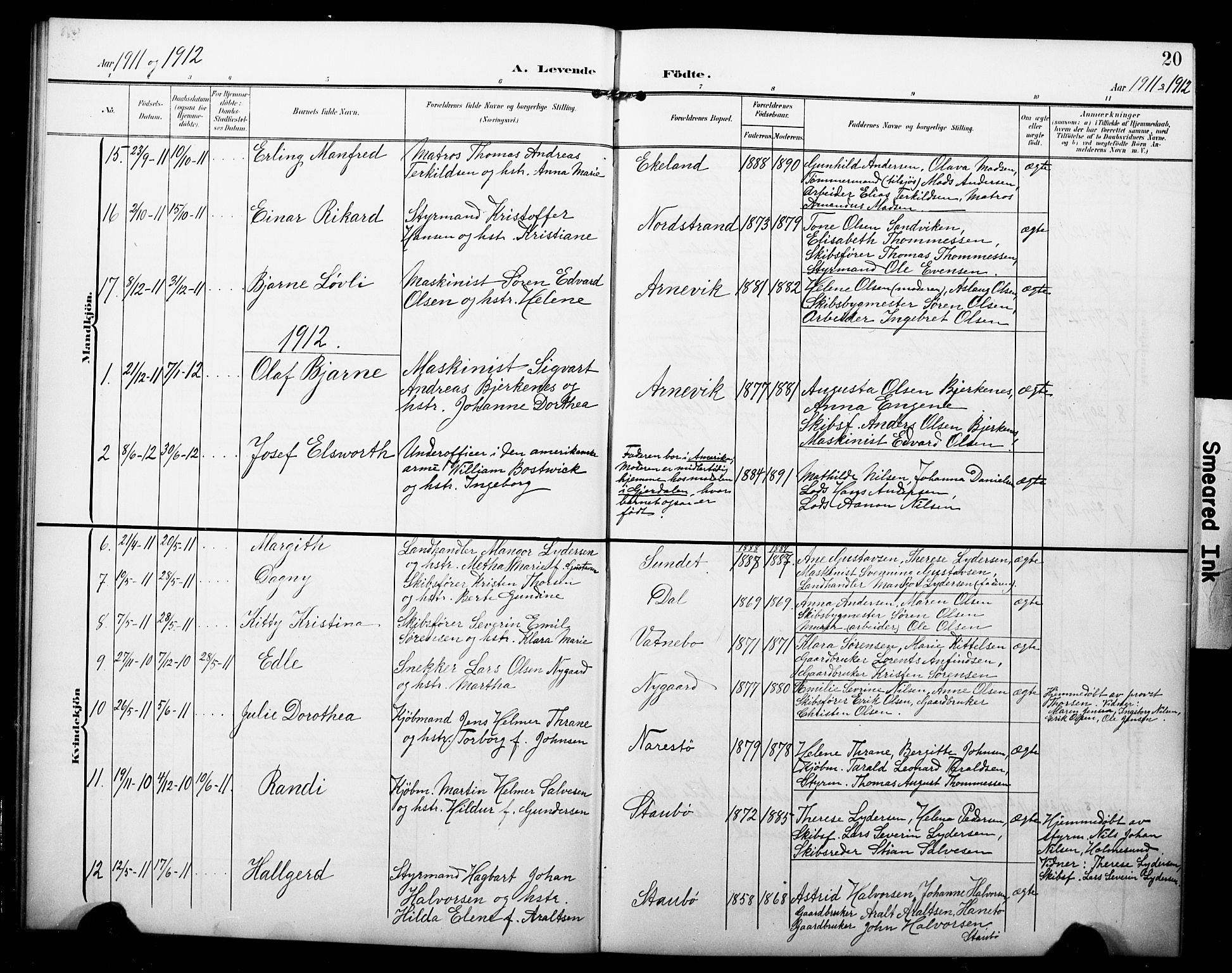 Dypvåg sokneprestkontor, AV/SAK-1111-0007/F/Fb/Fbb/L0005: Parish register (copy) no. B 5, 1905-1924, p. 20