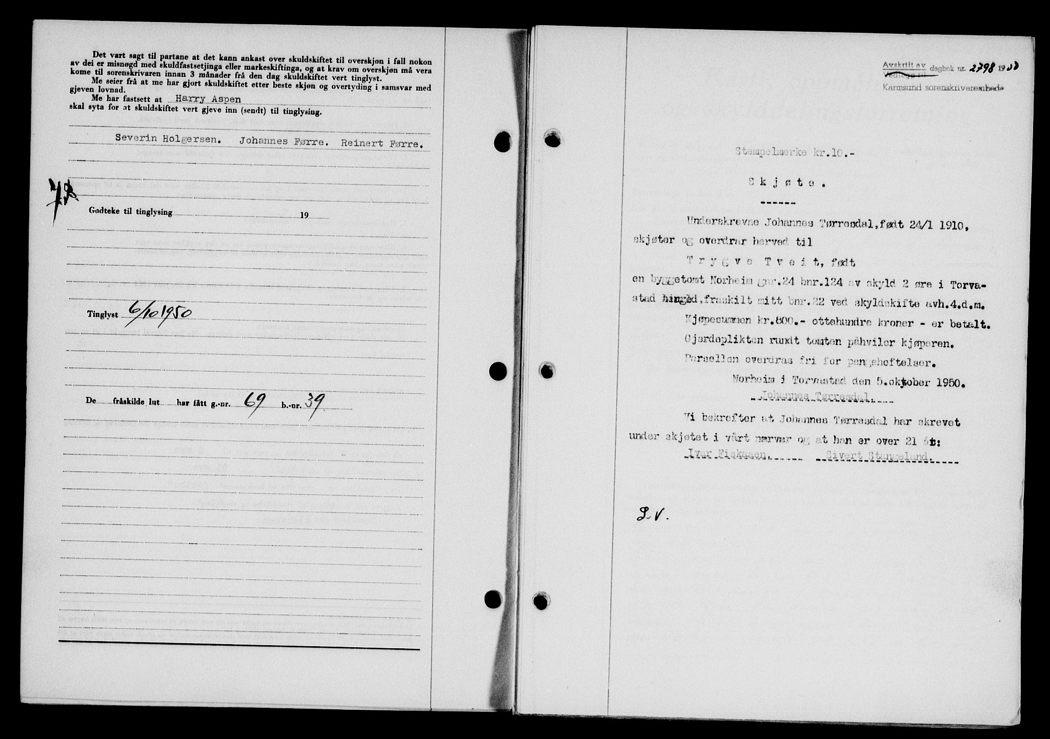 Karmsund sorenskriveri, SAST/A-100311/01/II/IIB/L0101: Mortgage book no. 81A, 1950-1951, Diary no: : 2798/1950