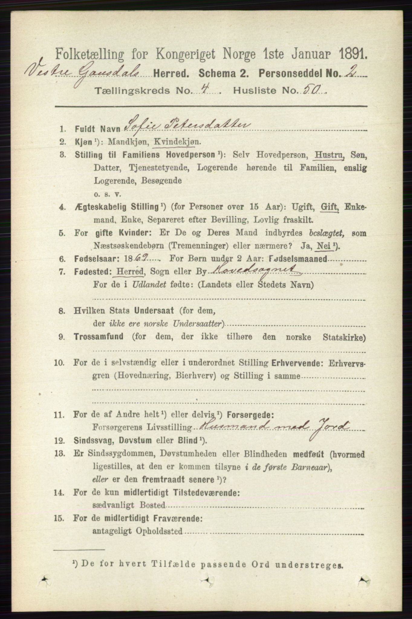 RA, 1891 census for 0523 Vestre Gausdal, 1891, p. 1988