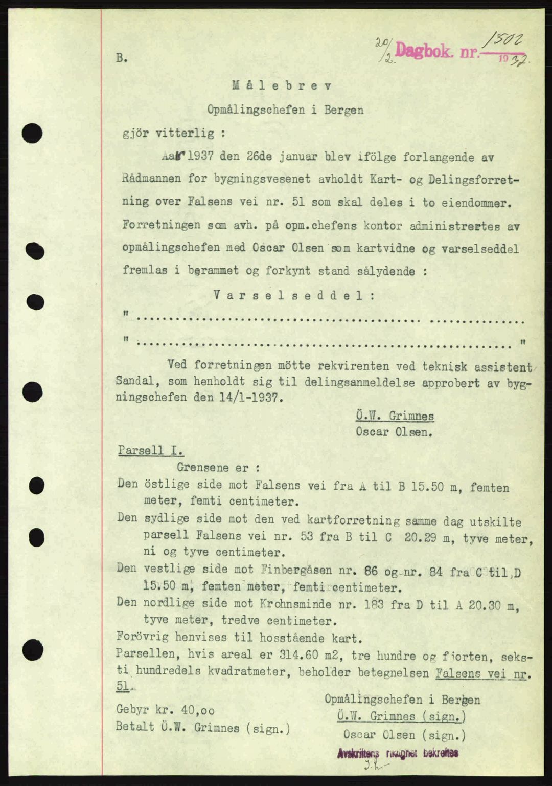 Byfogd og Byskriver i Bergen, SAB/A-3401/03/03Bc/L0004: Mortgage book no. A3-4, 1936-1937, Diary no: : 1502/1937