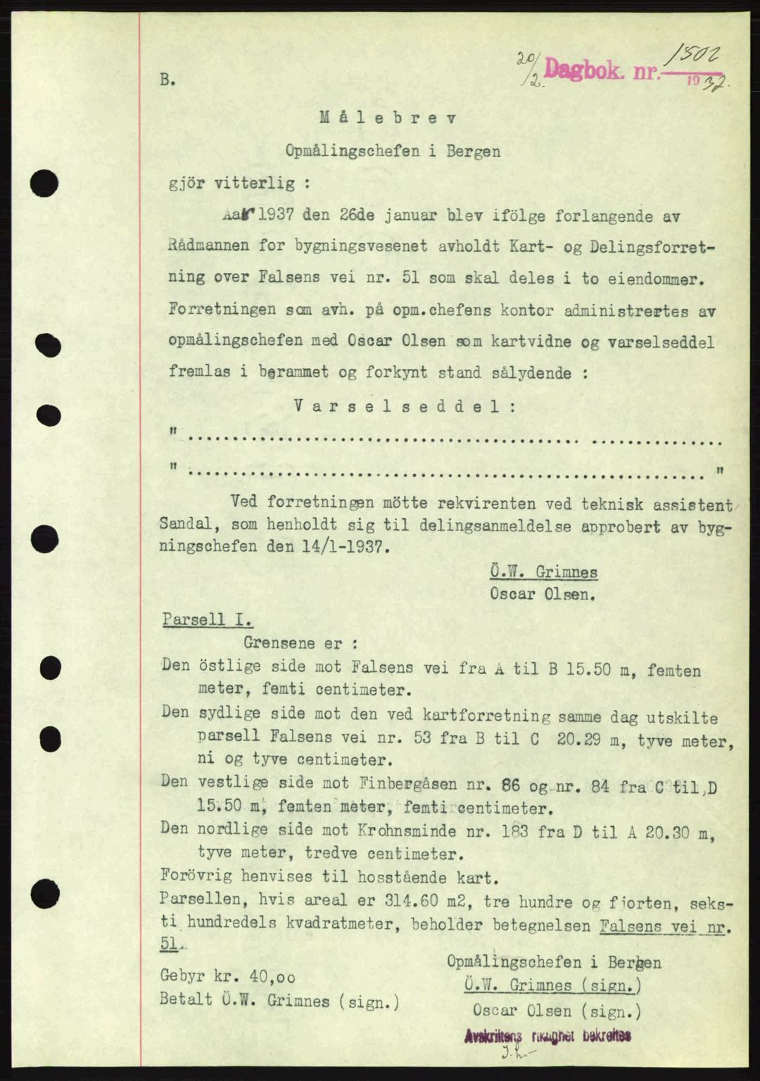 Byfogd og Byskriver i Bergen, AV/SAB-A-3401/03/03Bc/L0004: Mortgage book no. A3-4, 1936-1937, Diary no: : 1502/1937