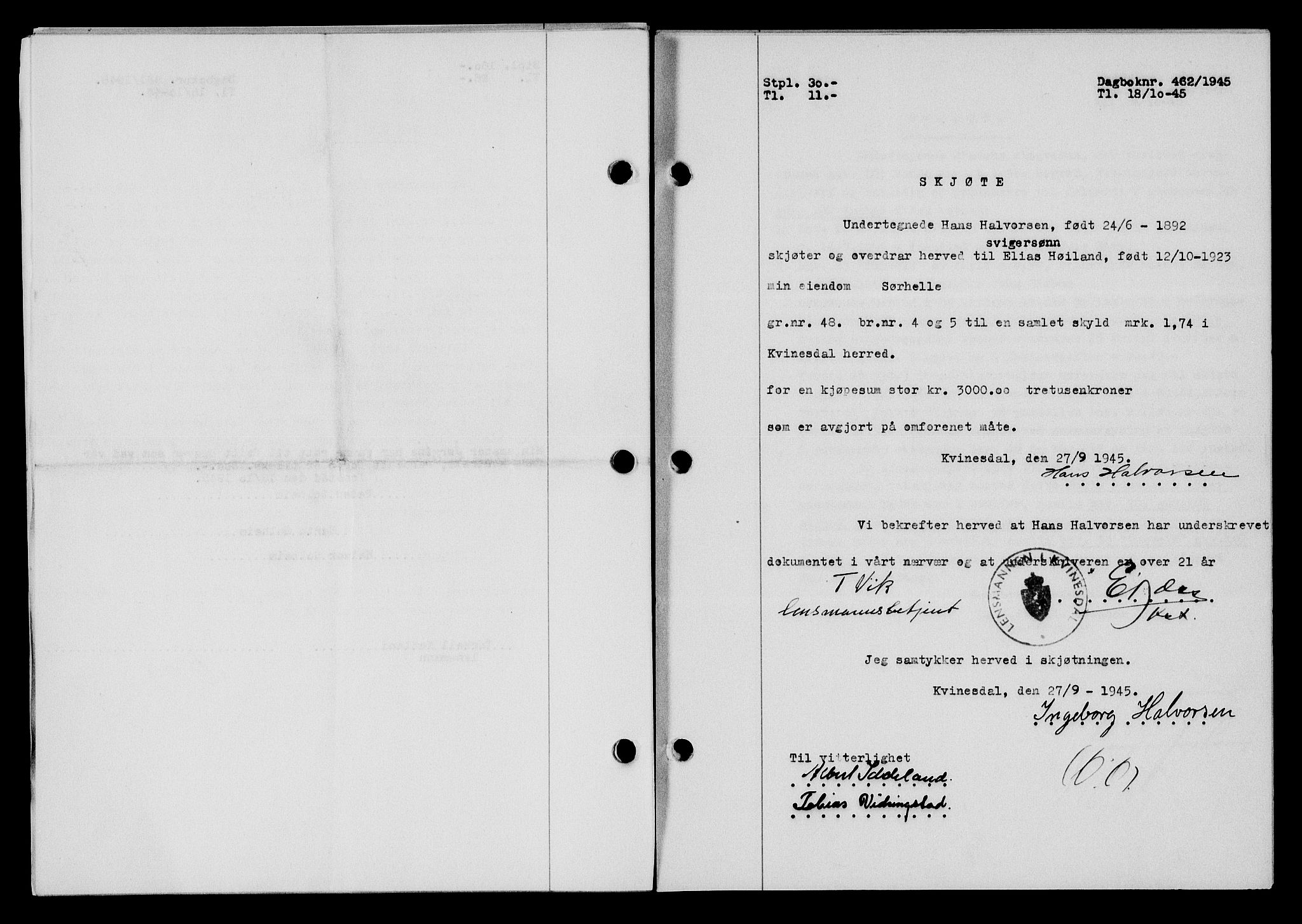 Flekkefjord sorenskriveri, SAK/1221-0001/G/Gb/Gba/L0060: Mortgage book no. A-8, 1945-1946, Diary no: : 462/1945