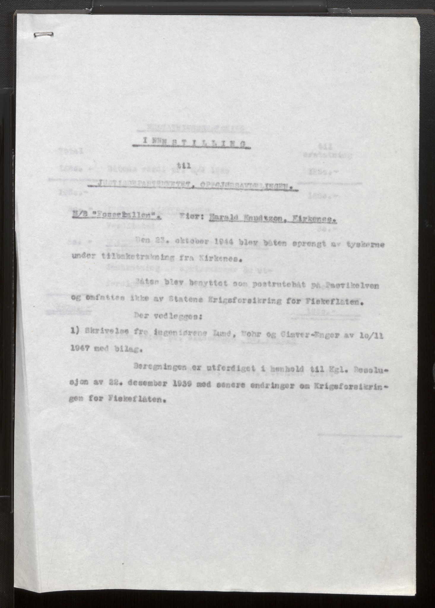 Fiskeridirektoratet - 1 Adm. ledelse - 13 Båtkontoret, AV/SAB-A-2003/La/L0033: Statens krigsforsikring for fiskeflåten, 1936-1971, p. 440