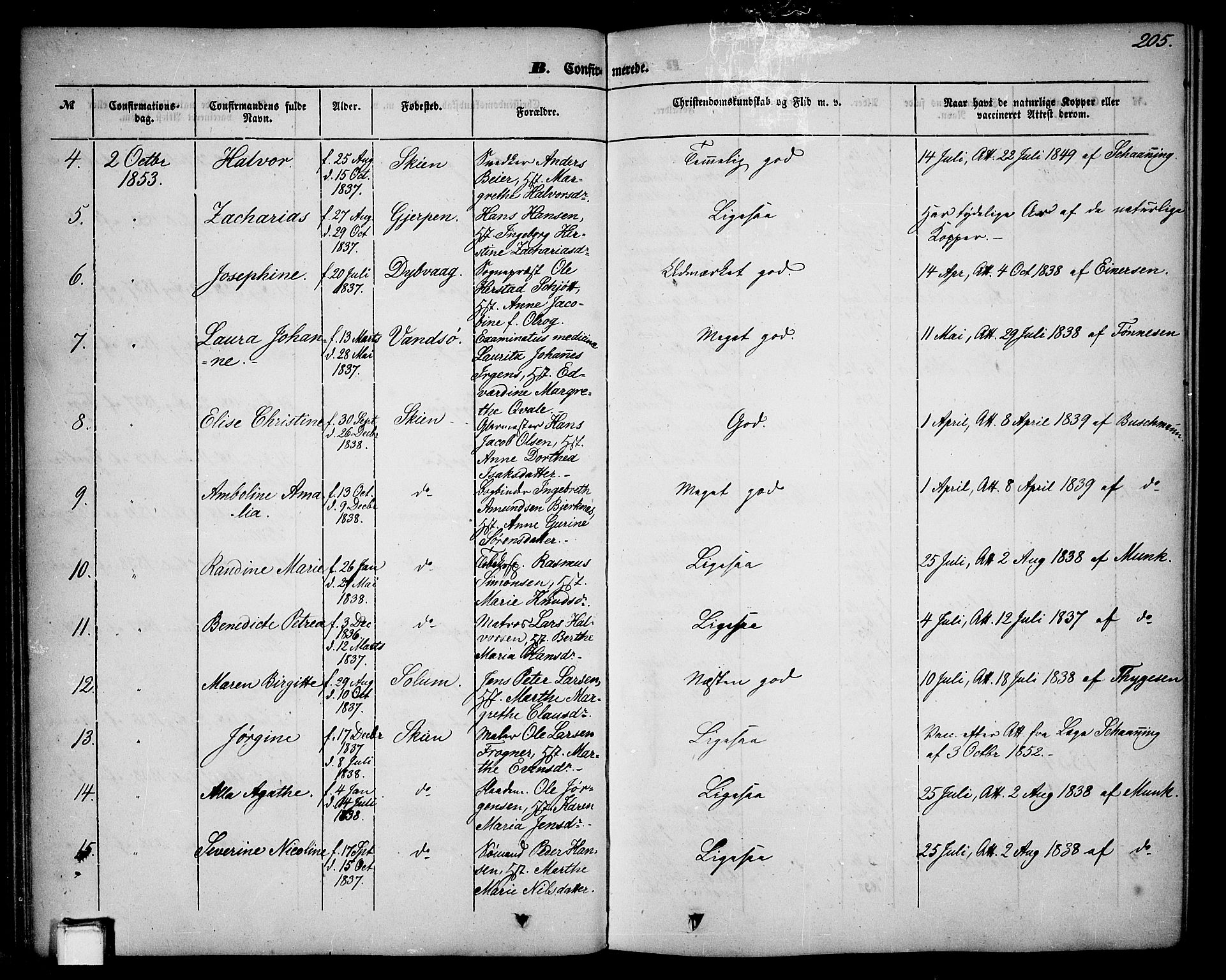 Skien kirkebøker, SAKO/A-302/G/Ga/L0004: Parish register (copy) no. 4, 1843-1867, p. 205