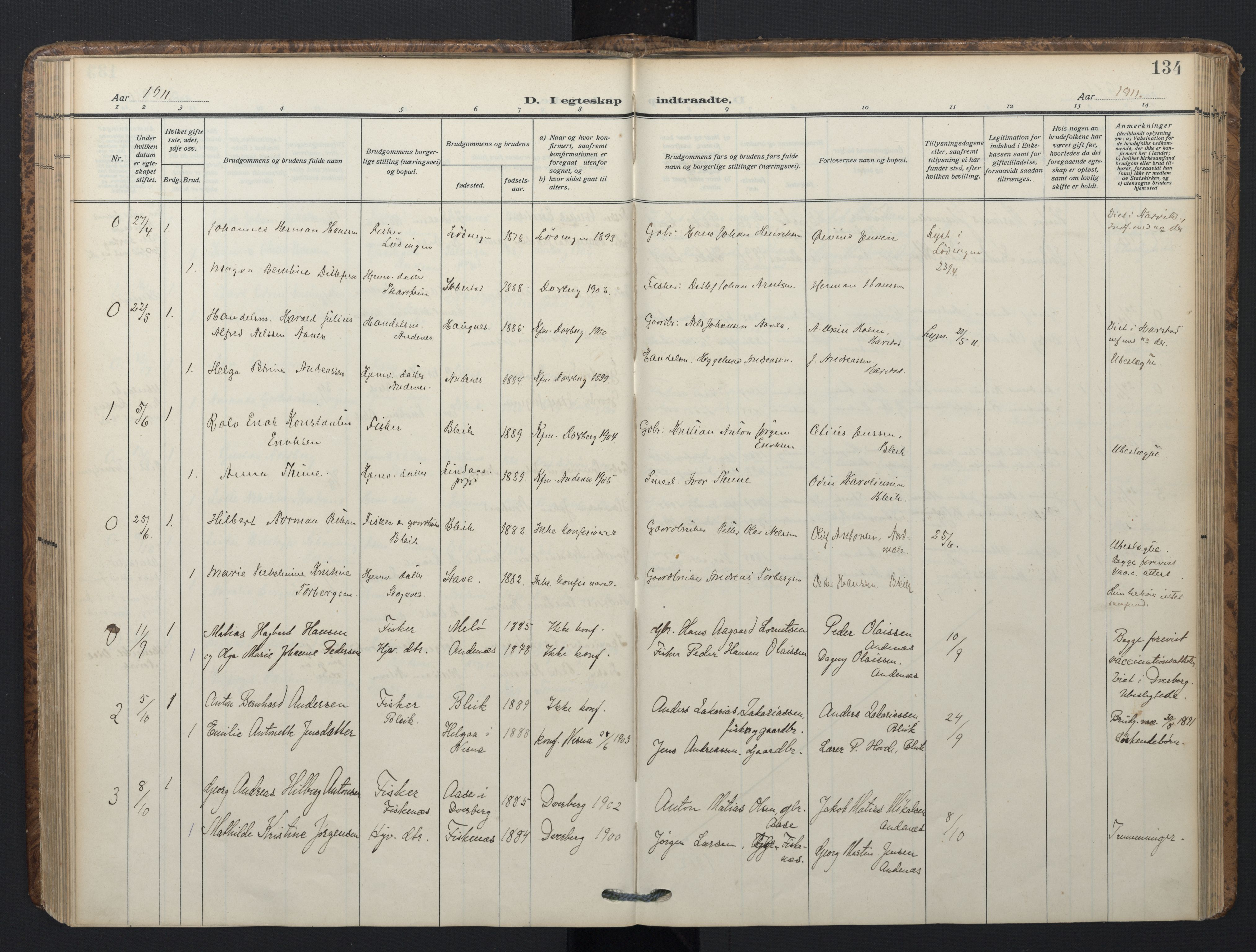 Ministerialprotokoller, klokkerbøker og fødselsregistre - Nordland, SAT/A-1459/899/L1438: Parish register (official) no. 899A06, 1909-1922, p. 134