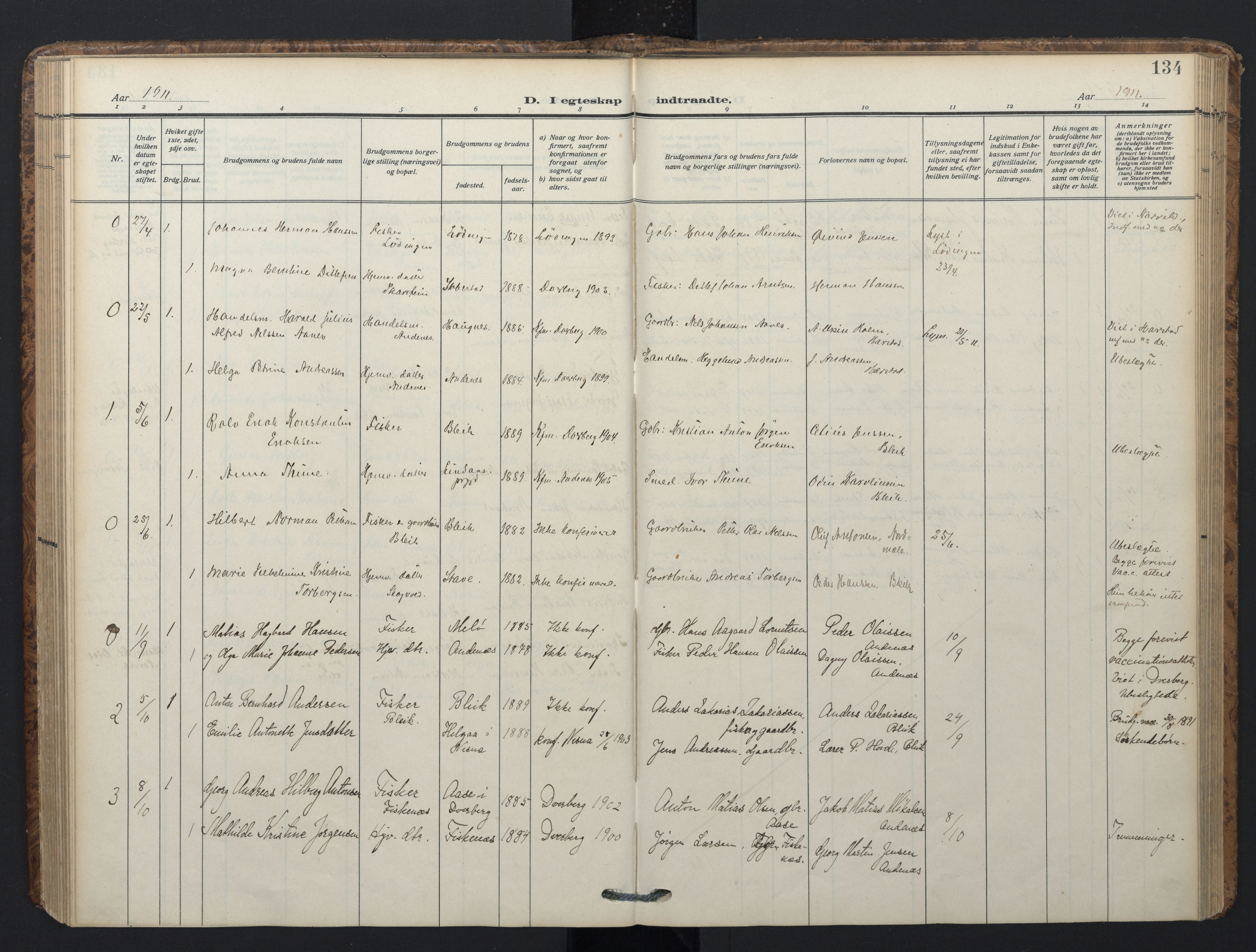 Ministerialprotokoller, klokkerbøker og fødselsregistre - Nordland, AV/SAT-A-1459/899/L1438: Parish register (official) no. 899A06, 1909-1922, p. 134