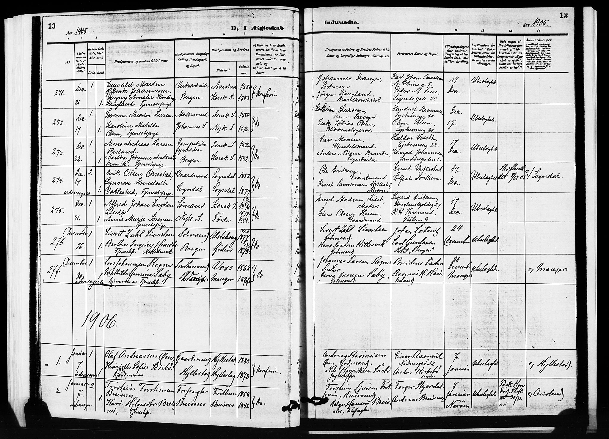 Nykirken Sokneprestembete, SAB/A-77101/H/Hab: Parish register (copy) no. D 3, 1905-1913, p. 13