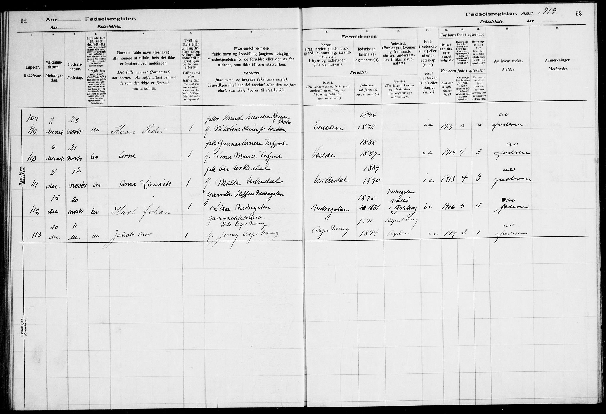 Ministerialprotokoller, klokkerbøker og fødselsregistre - Møre og Romsdal, AV/SAT-A-1454/528/L0442: Birth register no. 528.II.4.1, 1916-1924, p. 92