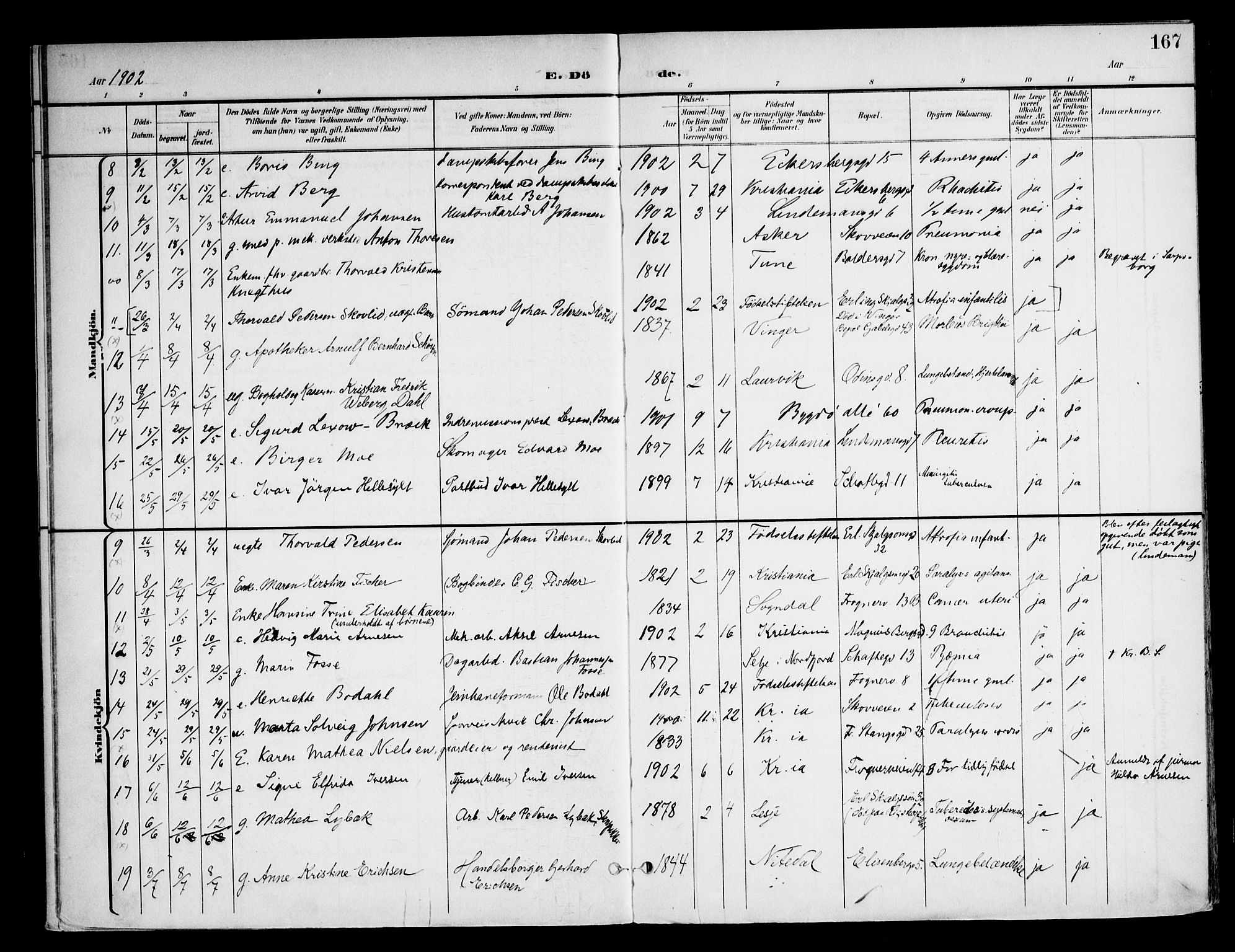 Frogner prestekontor Kirkebøker, AV/SAO-A-10886/F/Fa/L0004: Parish register (official) no. 4, 1898-1921, p. 167