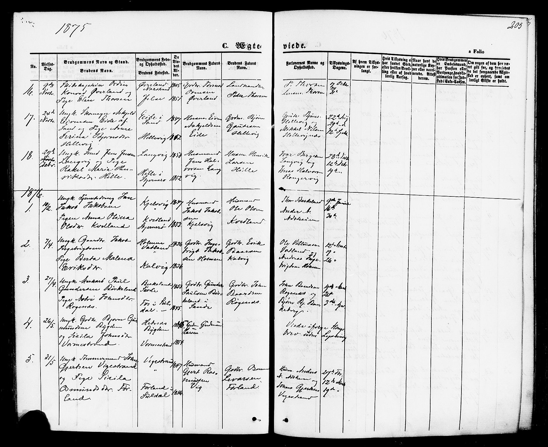 Jelsa sokneprestkontor, AV/SAST-A-101842/01/IV: Parish register (official) no. A 8, 1867-1883, p. 205