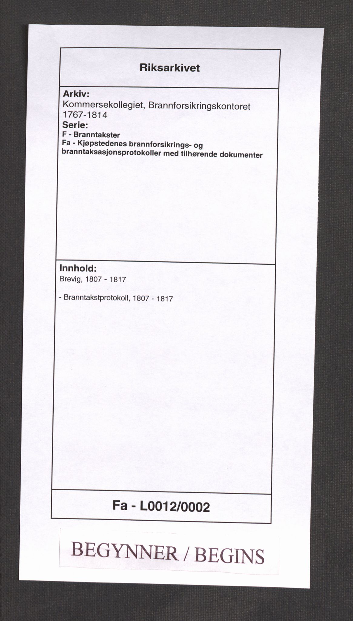 Kommersekollegiet, Brannforsikringskontoret 1767-1814, AV/RA-EA-5458/F/Fa/L0012/0002: Brevik / Branntakstprotokoll, 1807-1817