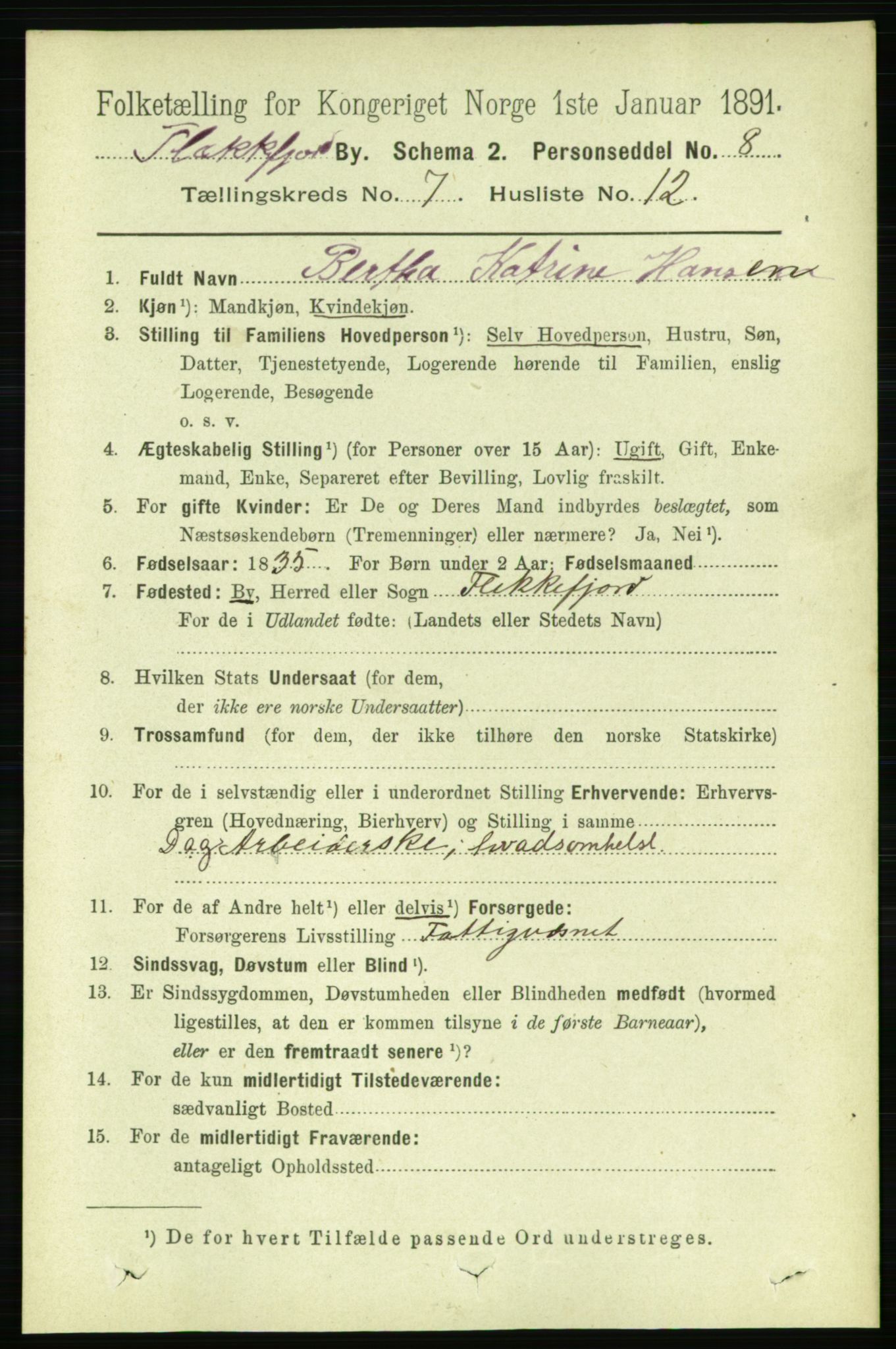 RA, 1891 census for 1004 Flekkefjord, 1891, p. 1355