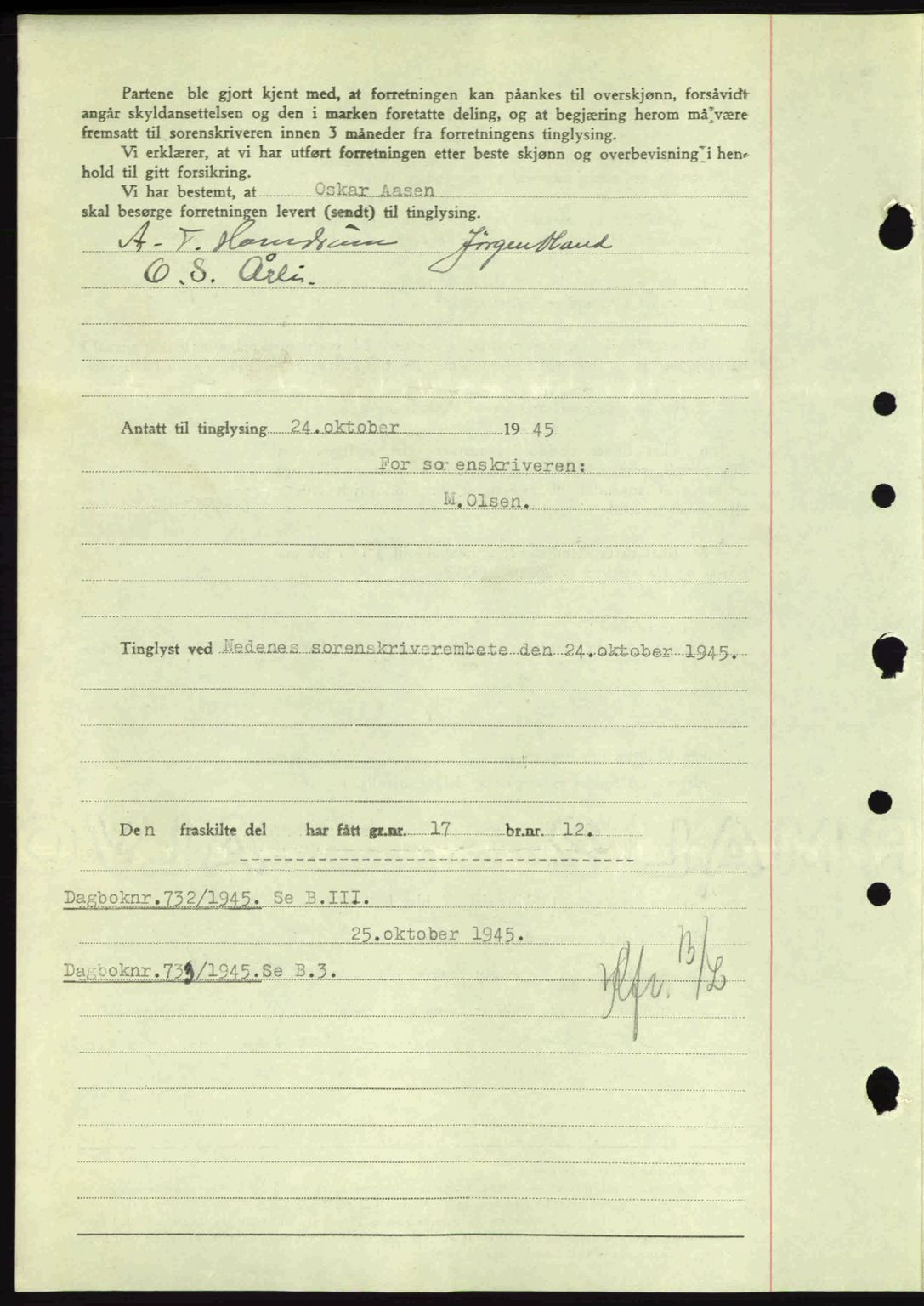 Nedenes sorenskriveri, AV/SAK-1221-0006/G/Gb/Gba/L0053: Mortgage book no. A6b, 1945-1945, Diary no: : 731/1945