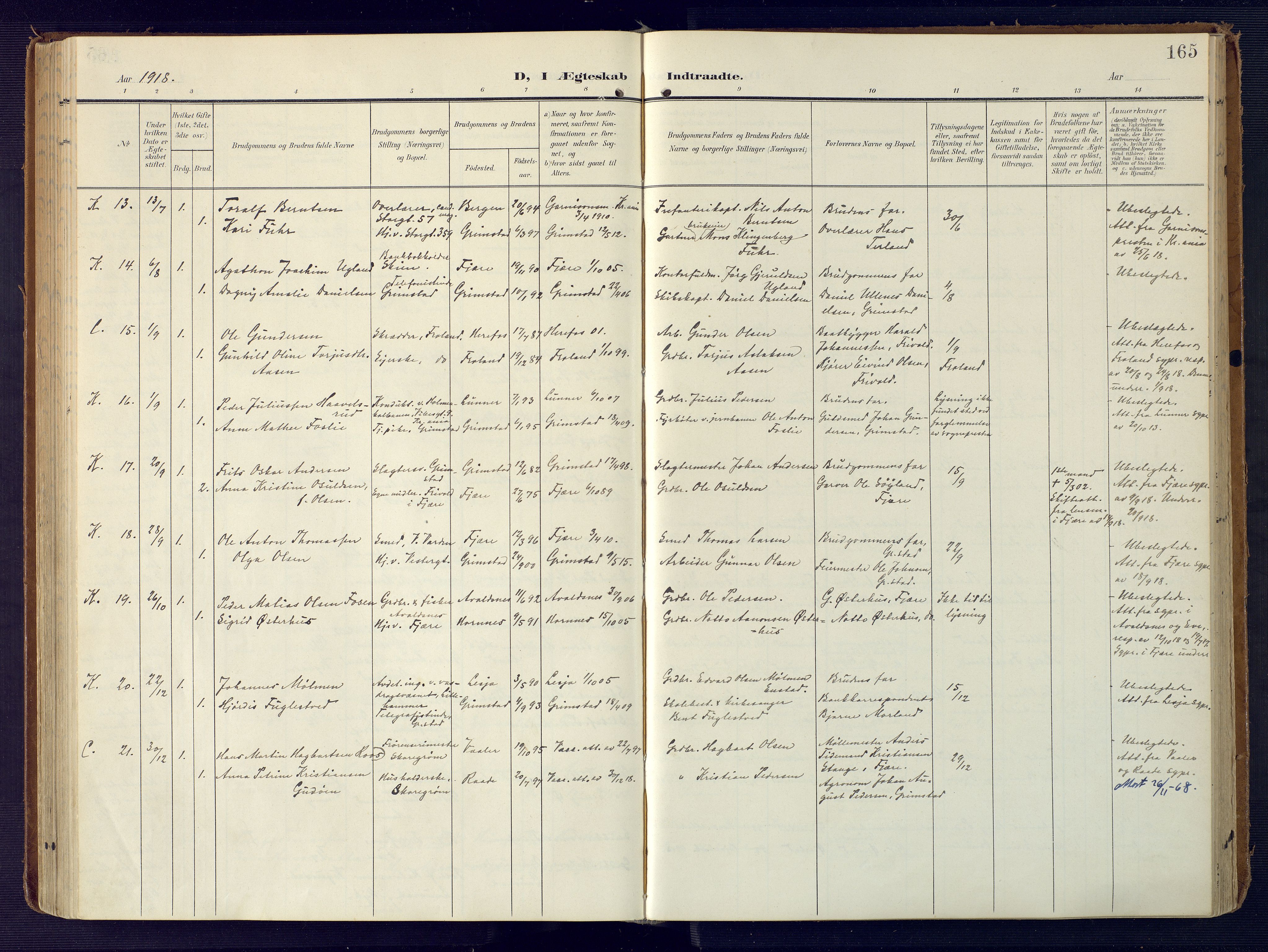 Grimstad sokneprestkontor, AV/SAK-1111-0017/F/Fa/L0005: Parish register (official) no. A 4, 1911-1924, p. 165