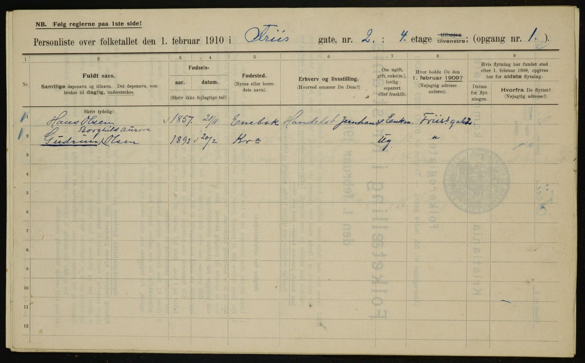 OBA, Municipal Census 1910 for Kristiania, 1910, p. 25139