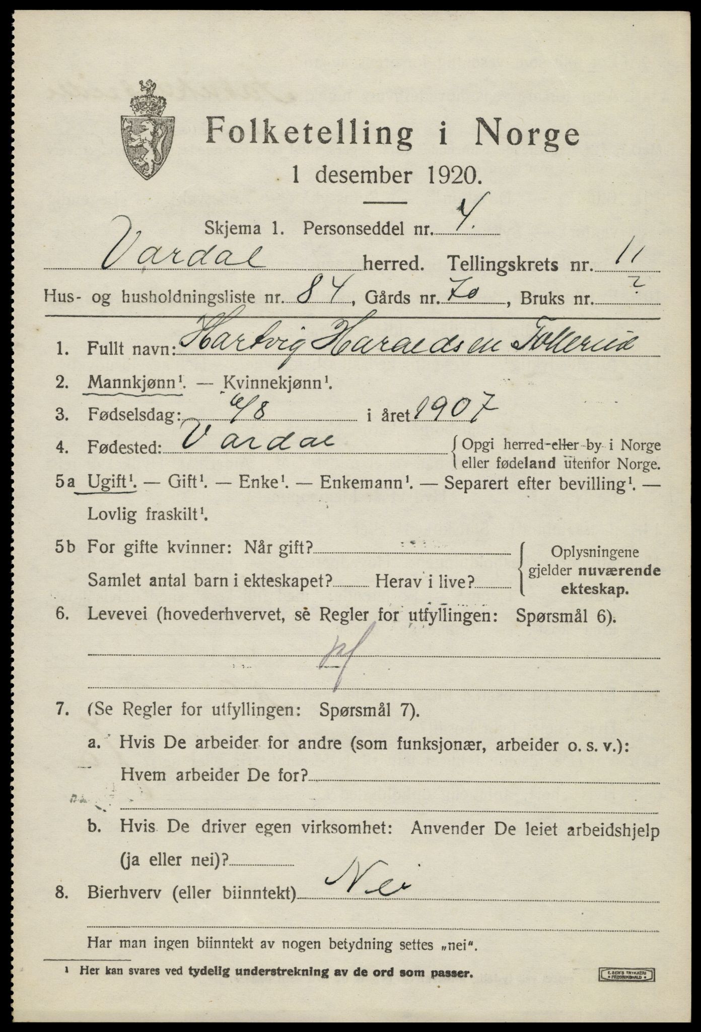 SAH, 1920 census for Vardal, 1920, p. 12099