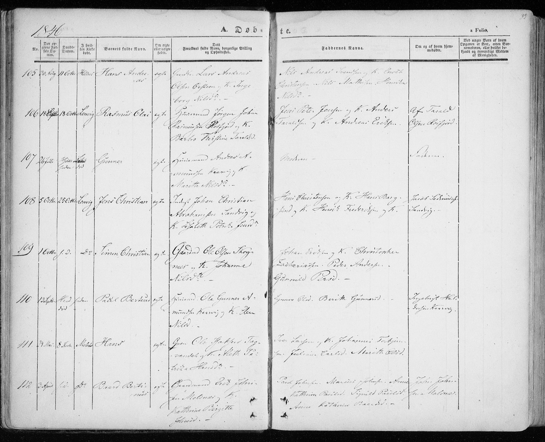 Lenvik sokneprestembete, SATØ/S-1310/H/Ha/Haa/L0006kirke: Parish register (official) no. 6, 1845-1854, p. 33