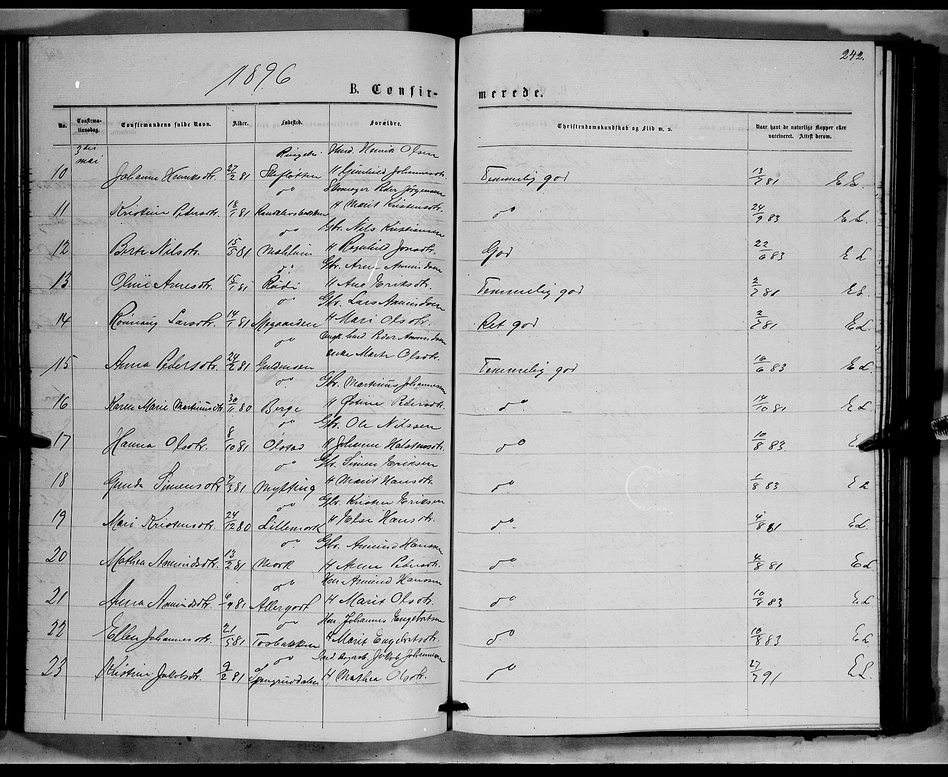 Ringebu prestekontor, SAH/PREST-082/H/Ha/Hab/L0006: Parish register (copy) no. 6, 1880-1898, p. 242