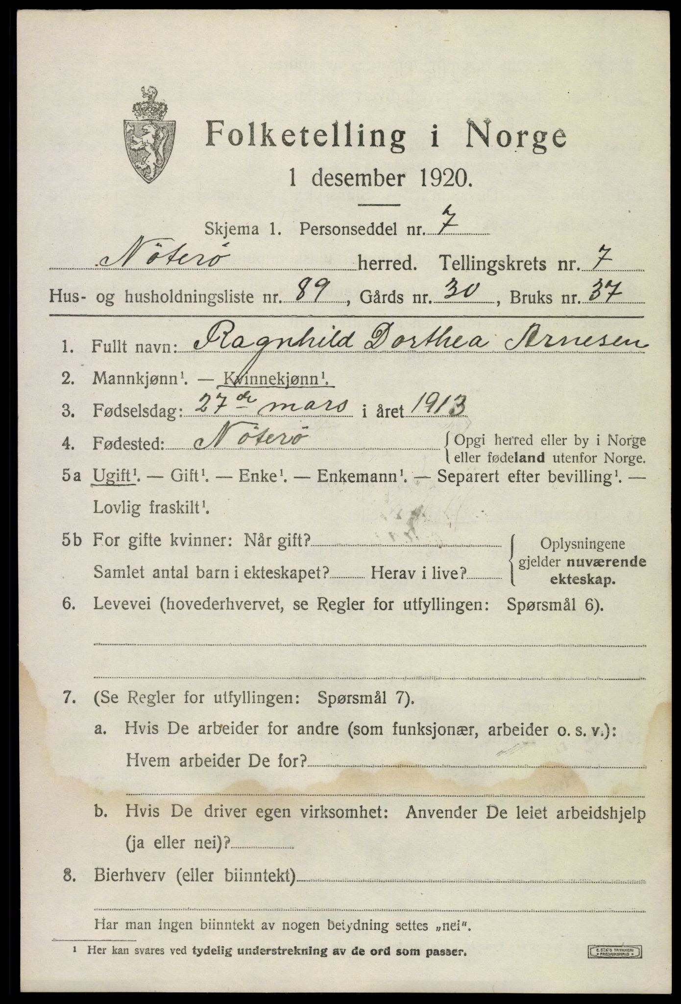 SAKO, 1920 census for Nøtterøy, 1920, p. 10397
