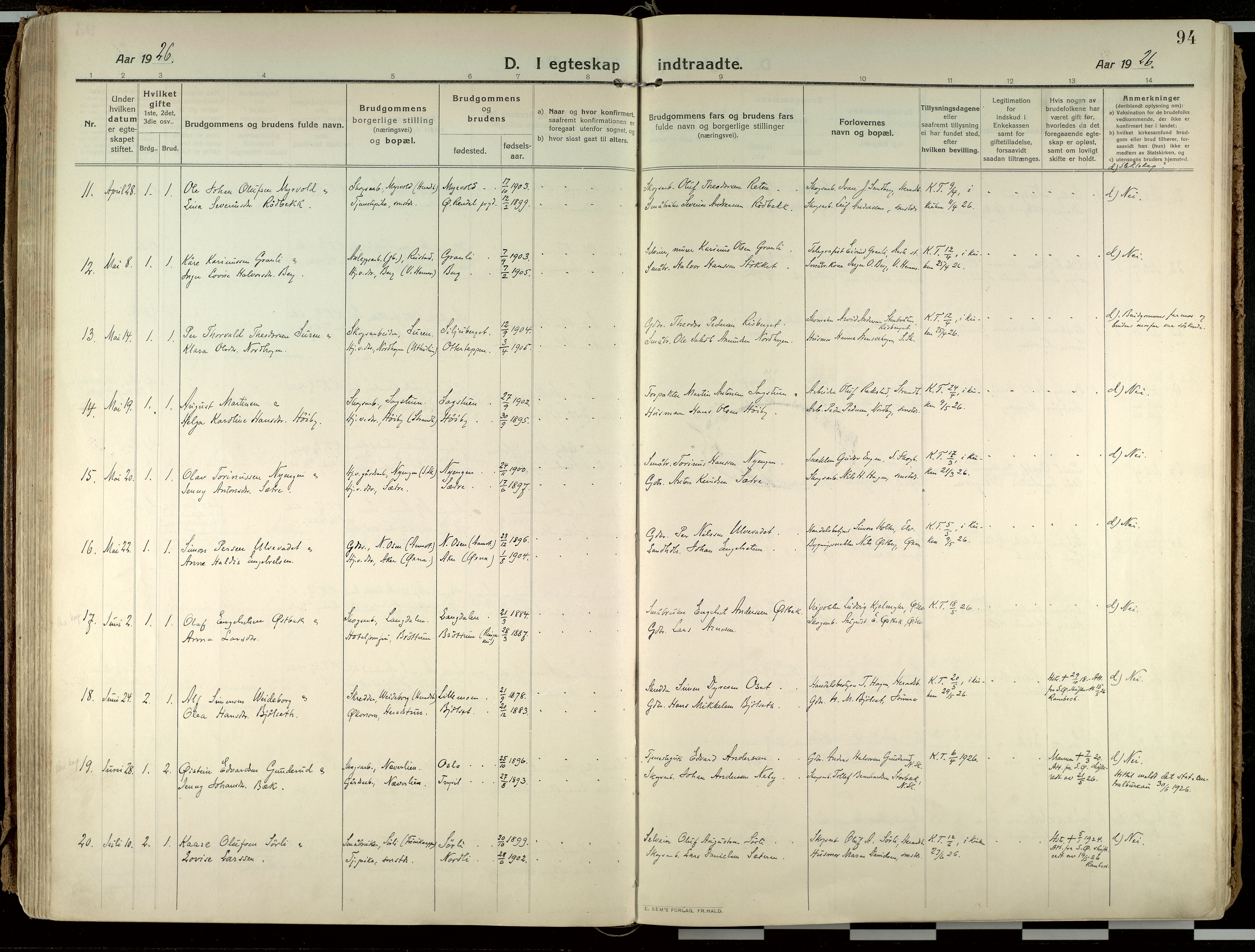 Elverum prestekontor, SAH/PREST-044/H/Ha/Haa/L0021: Parish register (official) no. 21, 1913-1928, p. 94