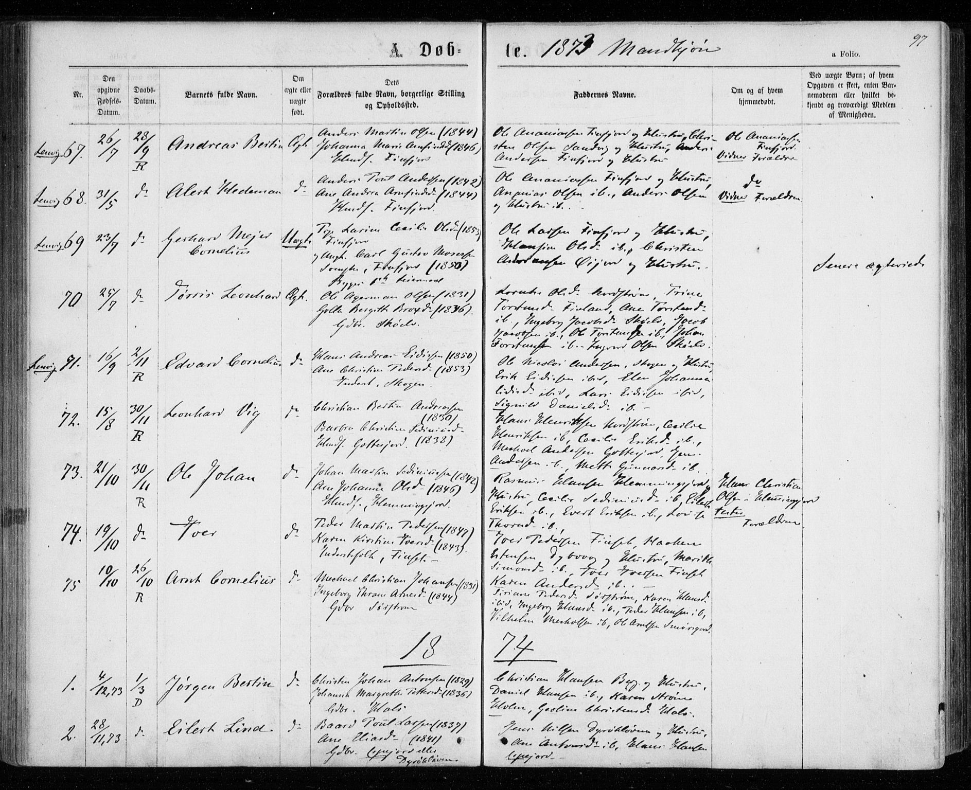 Tranøy sokneprestkontor, AV/SATØ-S-1313/I/Ia/Iaa/L0008kirke: Parish register (official) no. 8, 1867-1877, p. 97