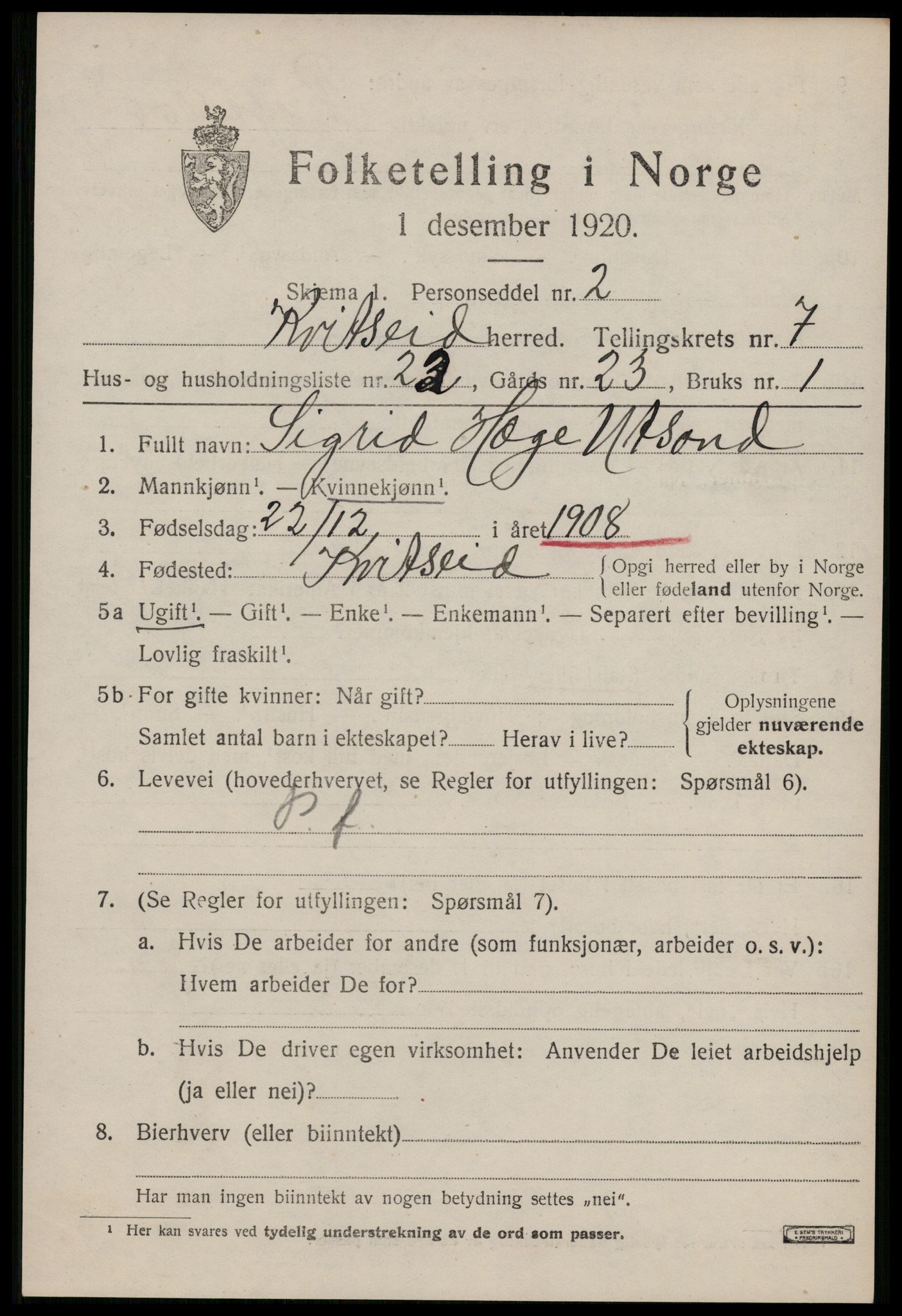SAKO, 1920 census for Kviteseid, 1920, p. 3731