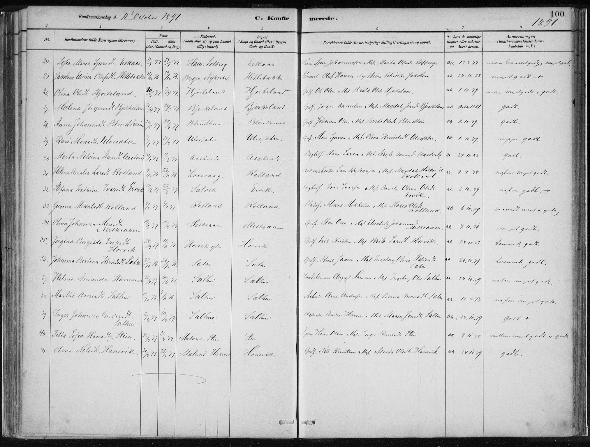 Hamre sokneprestembete, AV/SAB-A-75501/H/Ha/Haa/Haad/L0001: Parish register (official) no. D  1, 1882-1906, p. 100