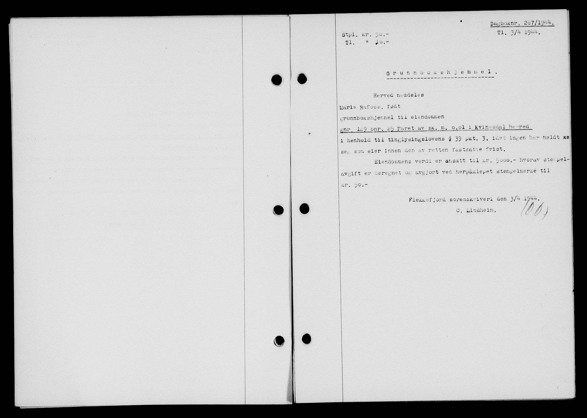 Flekkefjord sorenskriveri, SAK/1221-0001/G/Gb/Gba/L0059: Mortgage book no. A-7, 1944-1945, Diary no: : 267/1944