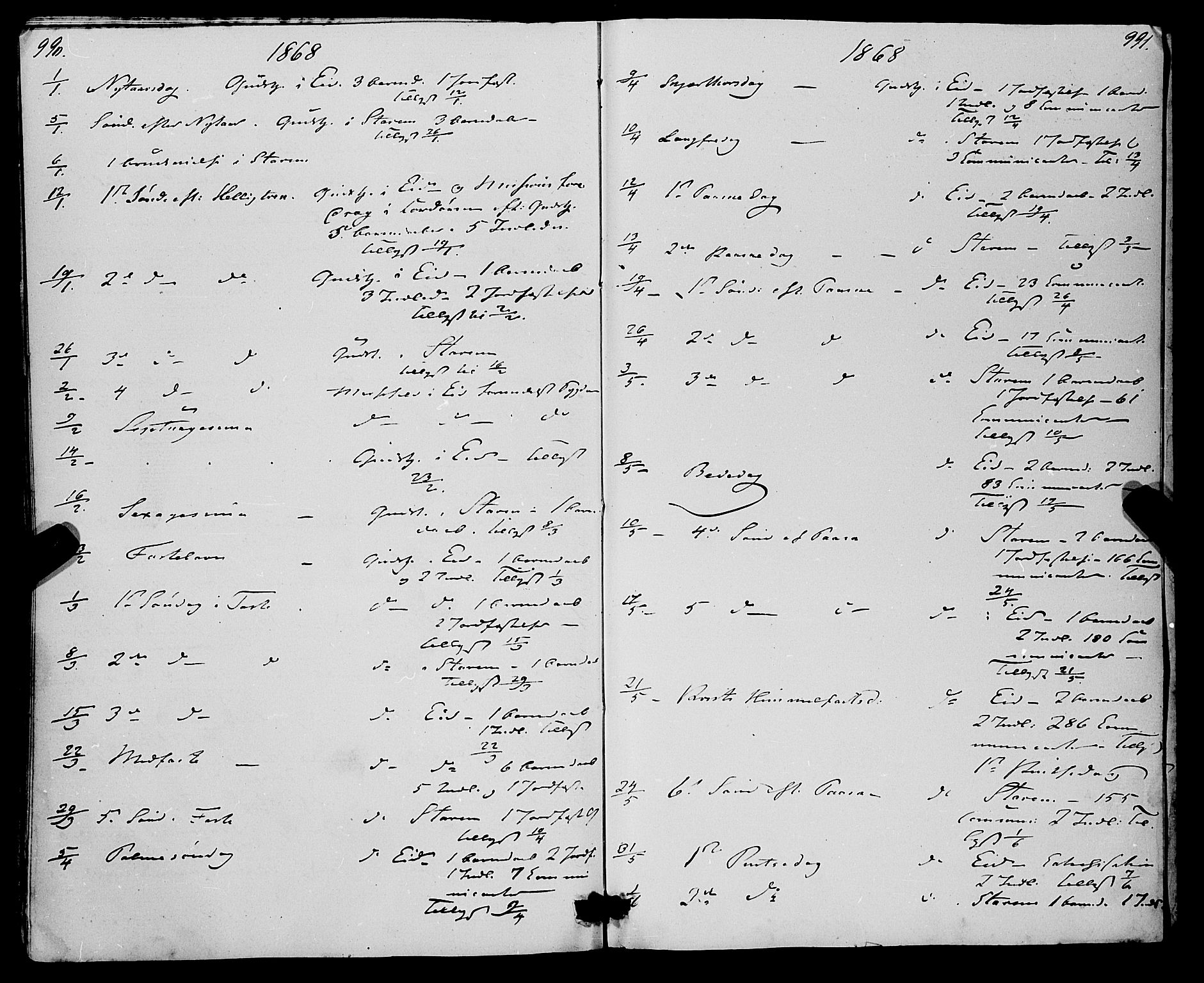 Eid sokneprestembete, AV/SAB-A-82301/H/Haa/Haaa/L0009: Parish register (official) no. A 9, 1861-1868, p. 990-991