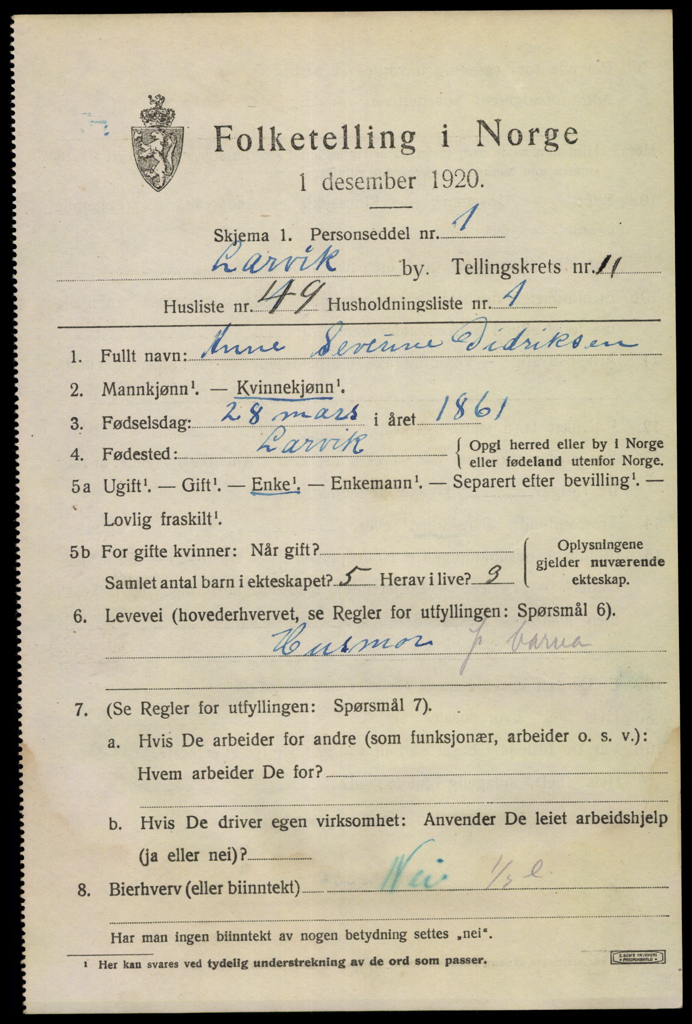 SAKO, 1920 census for Larvik, 1920, p. 29296