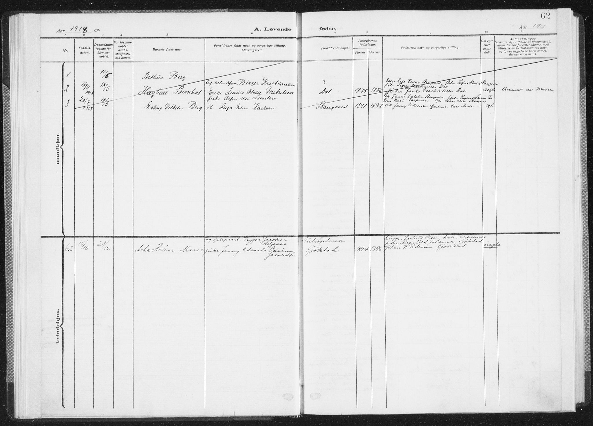 Ministerialprotokoller, klokkerbøker og fødselsregistre - Nordland, SAT/A-1459/805/L0104: Parish register (official) no. 805A09, 1909-1926, p. 62