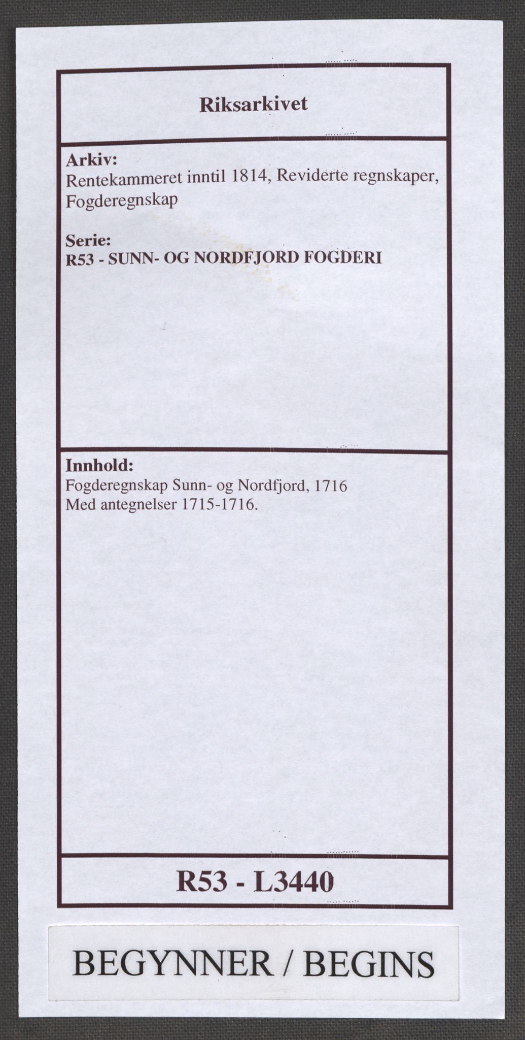 Rentekammeret inntil 1814, Reviderte regnskaper, Fogderegnskap, RA/EA-4092/R53/L3440: Fogderegnskap Sunn- og Nordfjord, 1716, p. 1